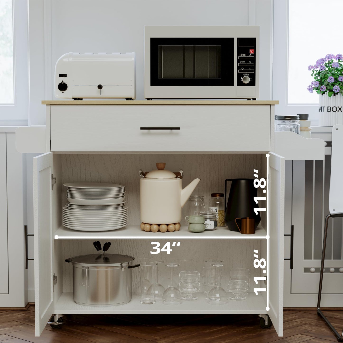 IRONCK Rolling Kitchen Island Table on Wheels with Drop Leaf, Storage Cabinet, Drawer, Spice/Towel Rack, Kitchen Cart, 47.25" Wide White