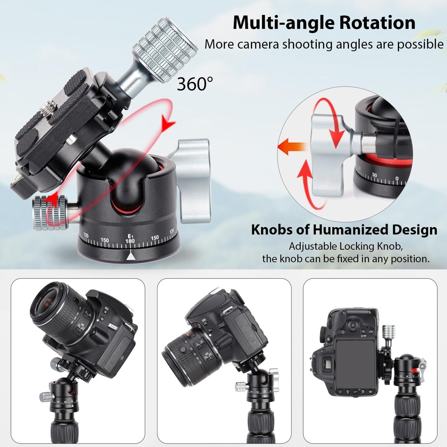 koolehaoda 360 1/4" 28mm 22lbs/10kg E1 Tripod Head Mini Ball Head Camera Panoramic Head with Screw Arca Type Quick