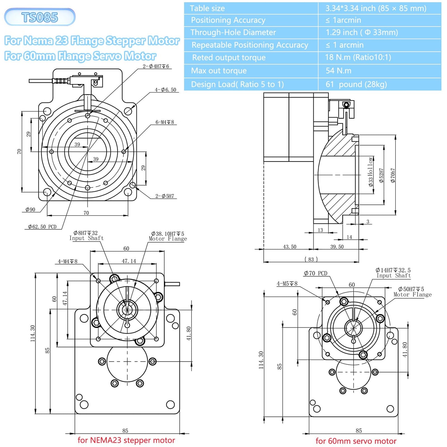 Hollow Rotary Actuator Ratio 10:1 with 3.2Nm NEMA 23 57mm Closed‑Loop All‑in‑One Stepper Motor Kit Integrated Driver High‑Resolution Encoder Hollow Rotary Platform 1 arcmin Accuracy for CNC,3D