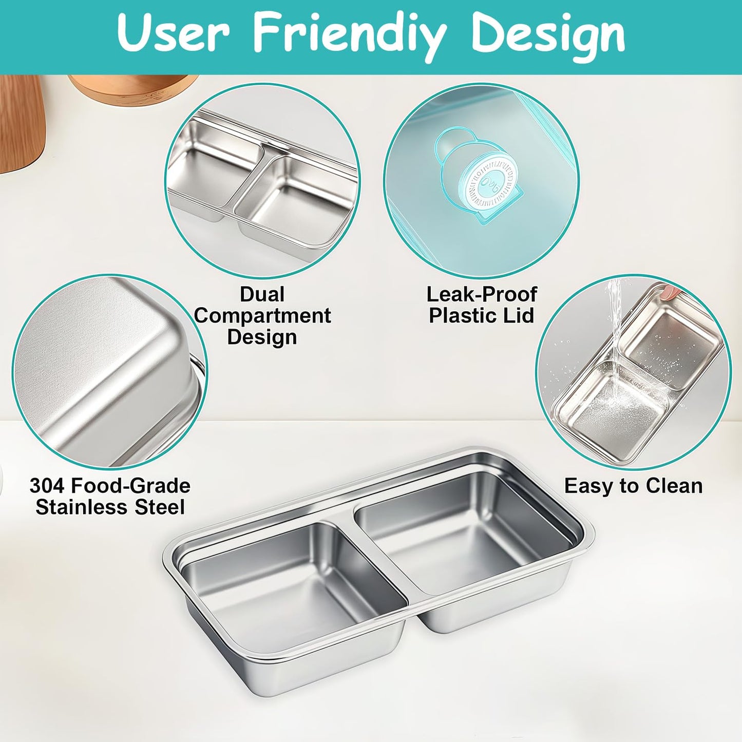 BSTUR Stainless Steel Snack Containers, 6-Pack Reusable Grab and Go Containers with Lids, Dual Compartment Bento Box for Travel, Camping & Lunch Prep