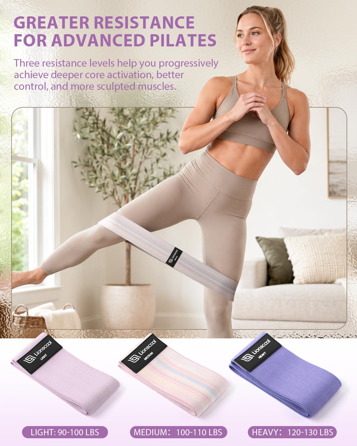 LIONSCOOL Pilates Ring Set (Purple) - 14" Anti-Deformation Magic Circle with Padded Handles, 9" Mini Ball, Non-Slip Fabric Resistance Bands, Guide & Bag