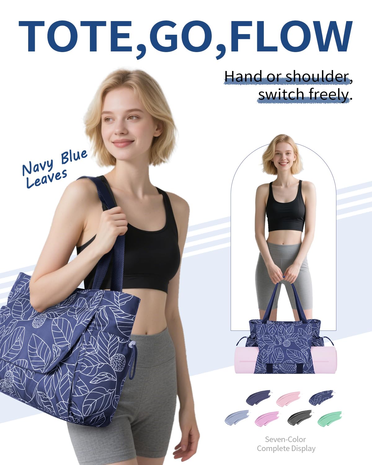 sportsnew Yoga Mat Bag Tote Yoga Gym Bag For Women Men with Waterproof Wet Pocket, Navy Blue Leaves