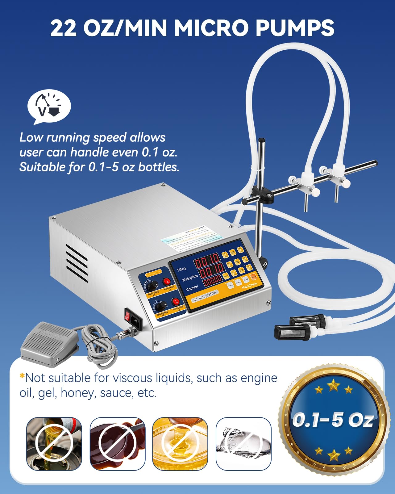 Hanchen Liquid Filling Machine Peristaltic Pump 5 Oz Automatic Bottle Filler Digital Control Cosmetic Oil Filler Bottling Machine for Perfume, Water, Juice, Thick Eessential Oil (2 Head)