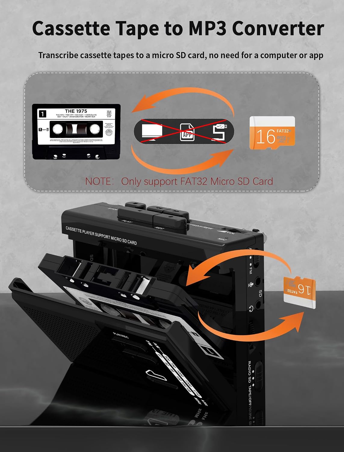 Cassette MP3 Cassette Radio,Cassette Recorder,USB-C/2AA Microphone,3.5mm to Player via SD Card Converter with AM FM