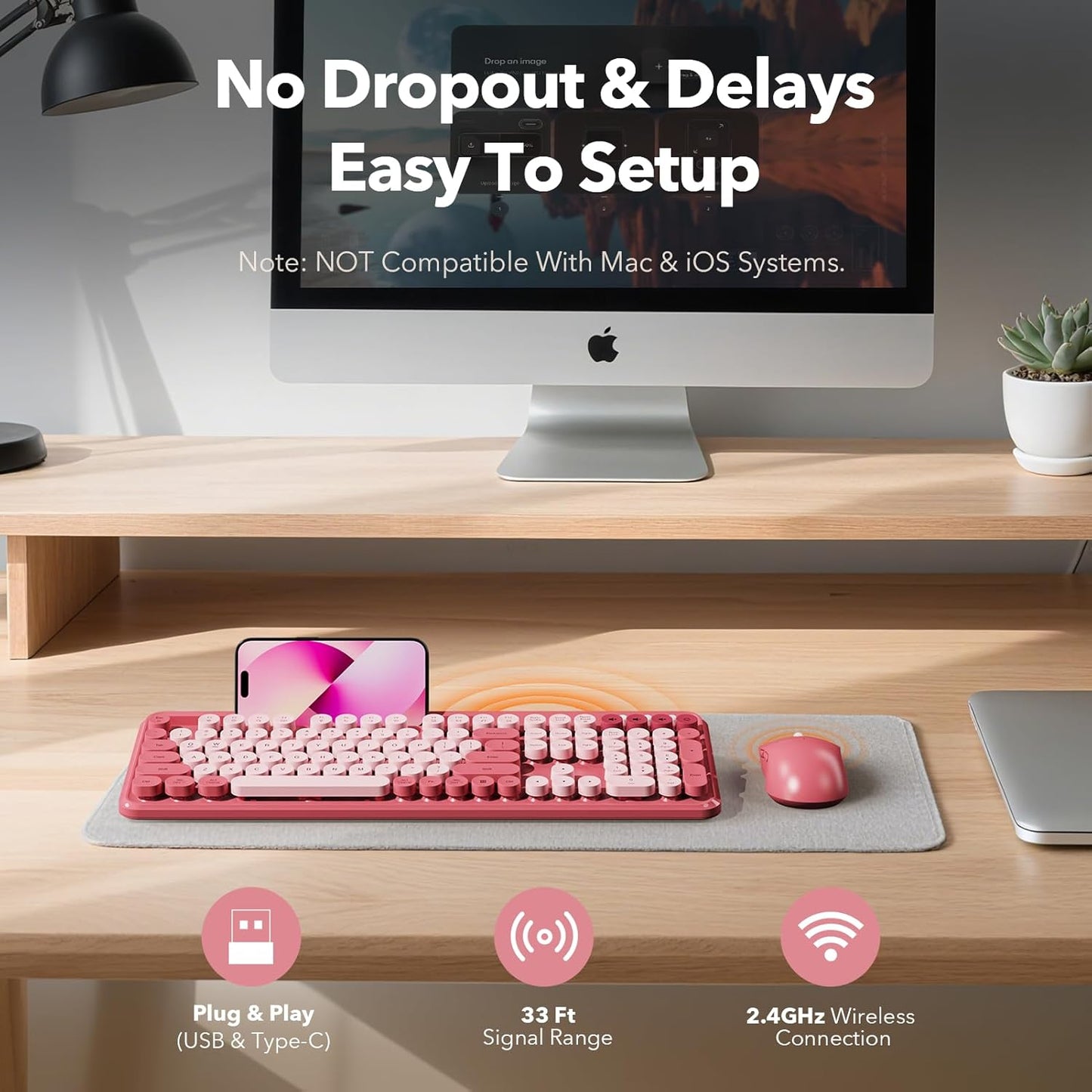 Trueque 3-Level 2.4GHz CK13, Wireless Keyboard and Mouse Combo, Cute Full-Size Typewriter-Style Keyboard, Retro Round