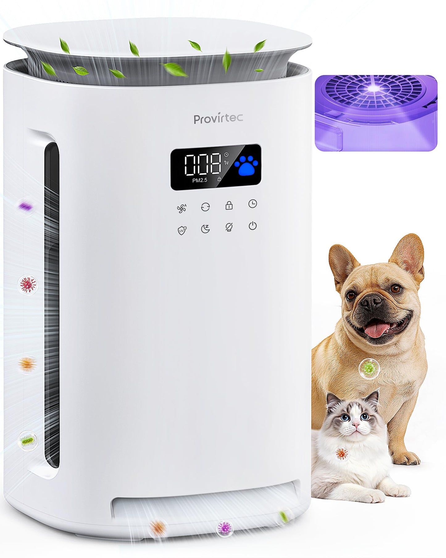Provirtec Pawtent Pro Pet Air Purifier, 2-Year Filter Life, 99.23% Pet Odor & 99.97% Allergies & 99.70% Pet Hair Reduction, H13 True HEPA, Large Room up to 2500 ft², Auto Mode for Cats Dogs Home