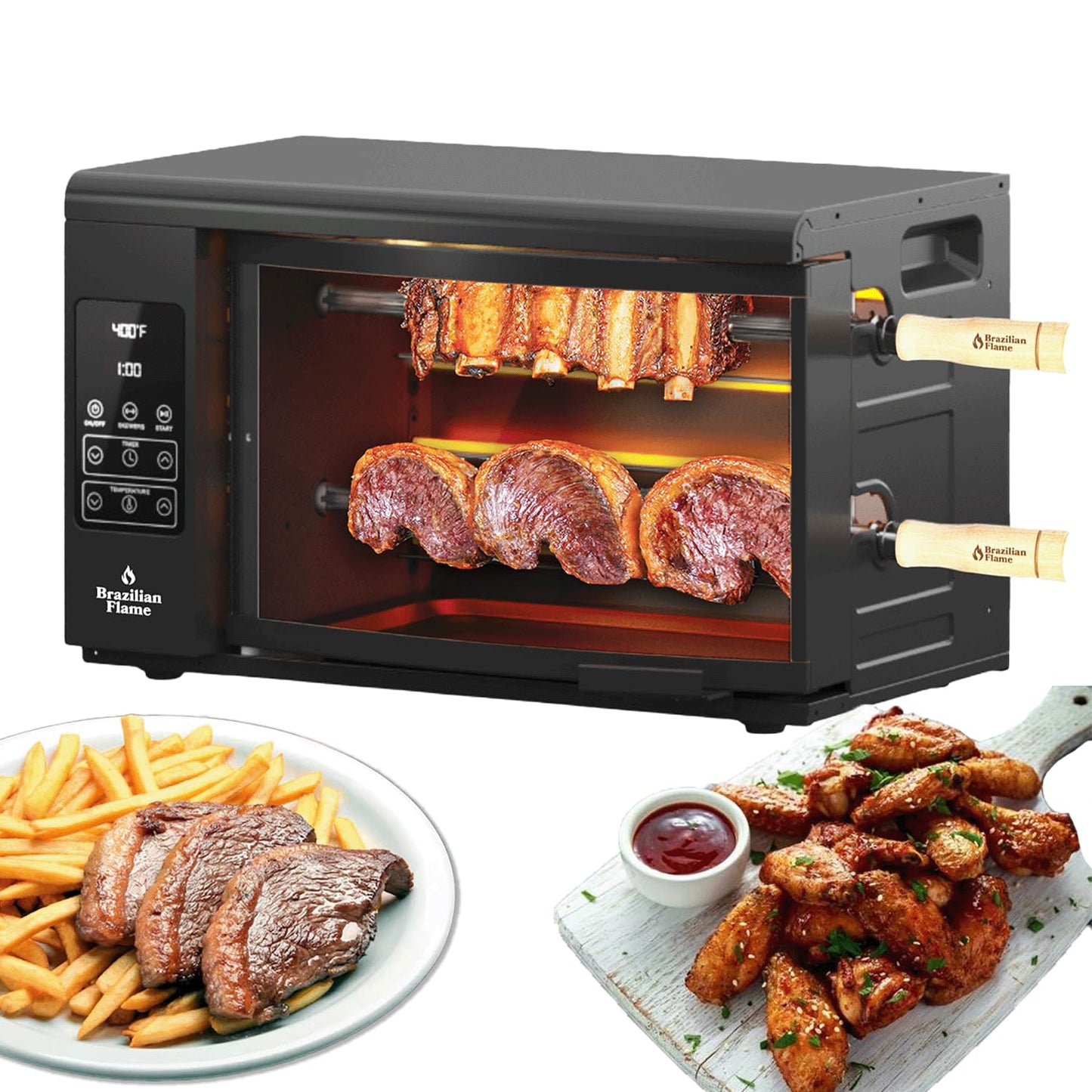 Electric Rotisserie Oven Brazilian Flame VOLTA | Vertical Countertop Grill with Auto-Rotating Skewers Shawarma Grill Machine Meat Kebab | Indoor Adjustable Temperature | 8lb Capacity | World Cup Grill