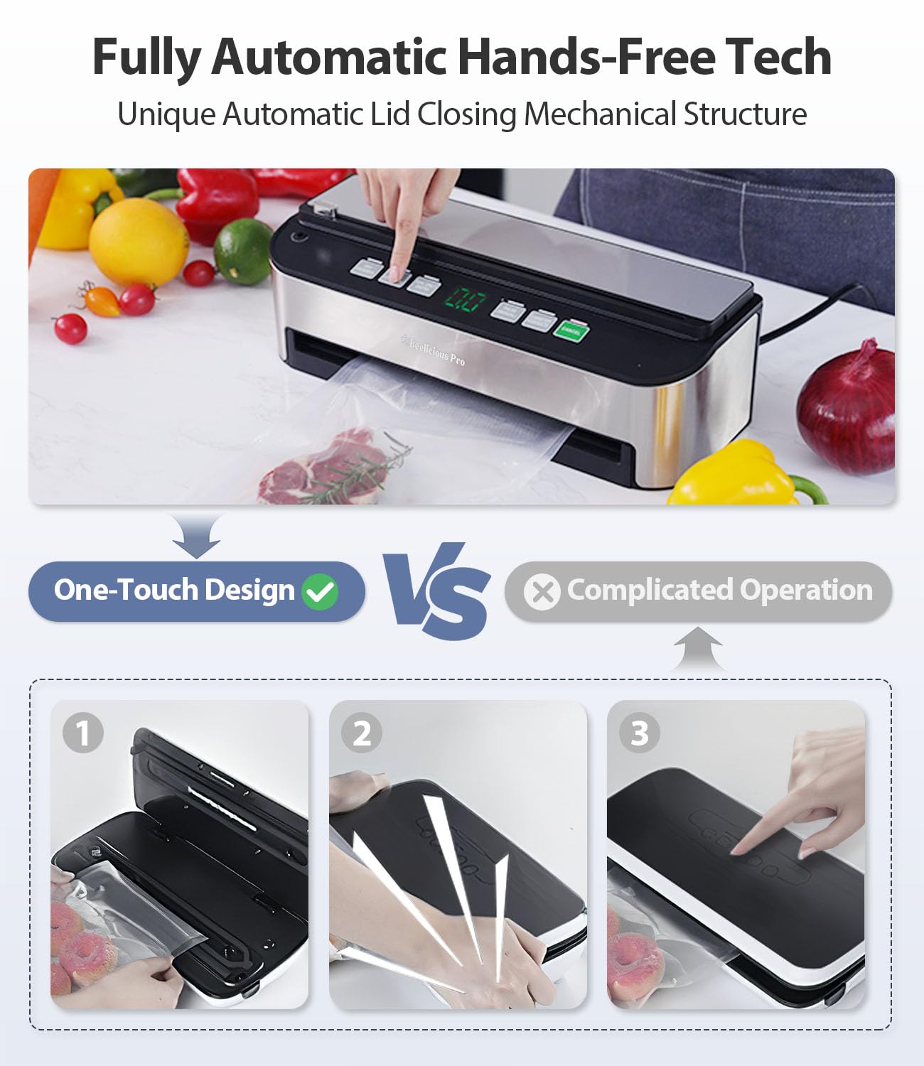 PressFree TRUE-Auto Vacuum Sealer Machine, Beelicious 85KPA Fully Automatic 8-IN-1 Food Sealer with Bags Storage, Build-in Cutter, Moist Mode and Air Suction Hose |Sous Vide | Digital Countdown