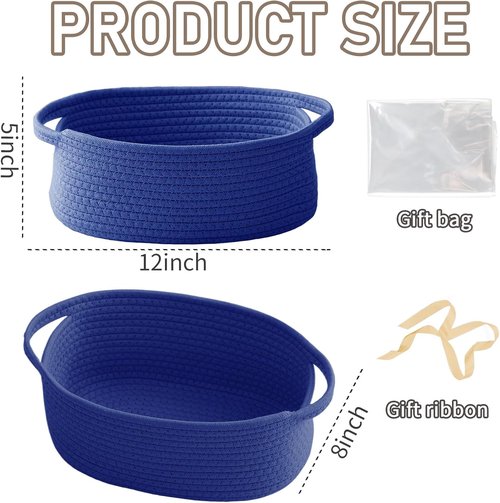JMvicyroam Woven Storage Baskets - Small Rope Bins with Handles for Organizing Shelves | Navy Blue, 2 Pack