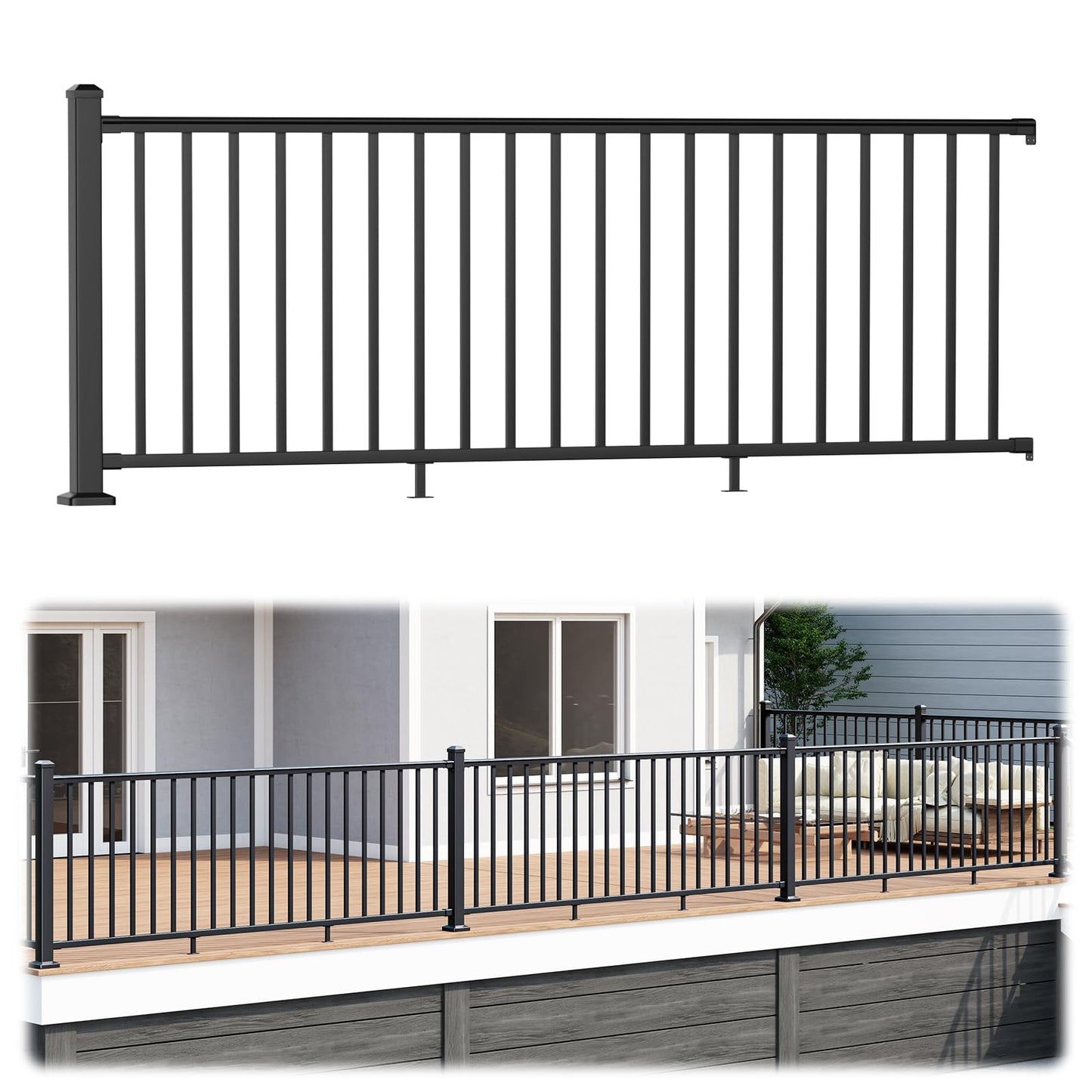 CKE 36 in. H x 8 ft. W Porch and Deck Railing Kit with Post, Aluminum Railing Kit, AAMA 2604 Black Textured Powder-Coat Finish Railing System for Outdoor Decks, Porches & Balconies(1 Post, 1 Panel)