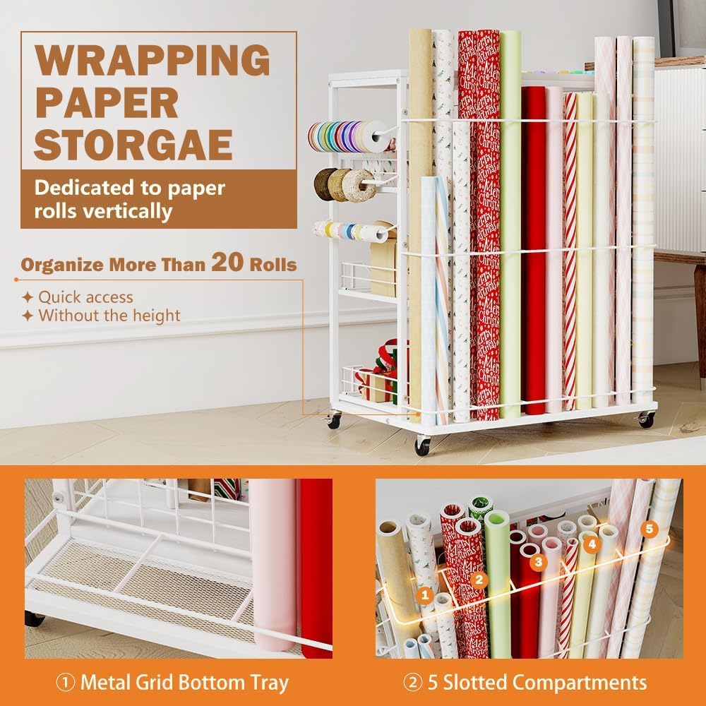Wrapping Paper Organizer - Rolling Gift Wrap Cart with Wheels, 20 Roll Holders & 3 Drawers | White