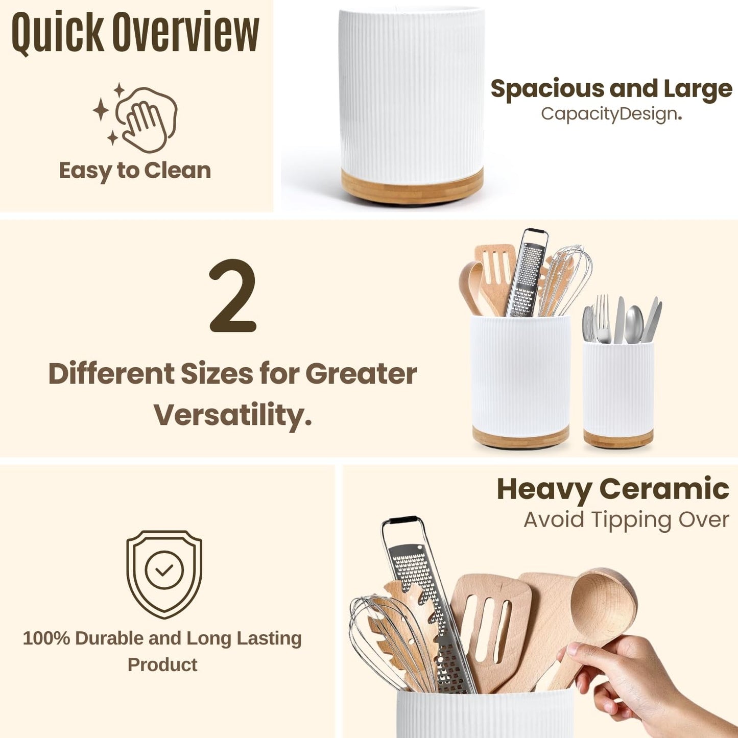 NURTURE KNOTS 2 Pack Ceramic Utensil Holder, 7.3"+5.4" Large kitchen utensils holder for Countertop, 360° Rotating Cooking Utensil Crock for Kitchen Counter with Detachable Wooden Base, Kitchen Décor