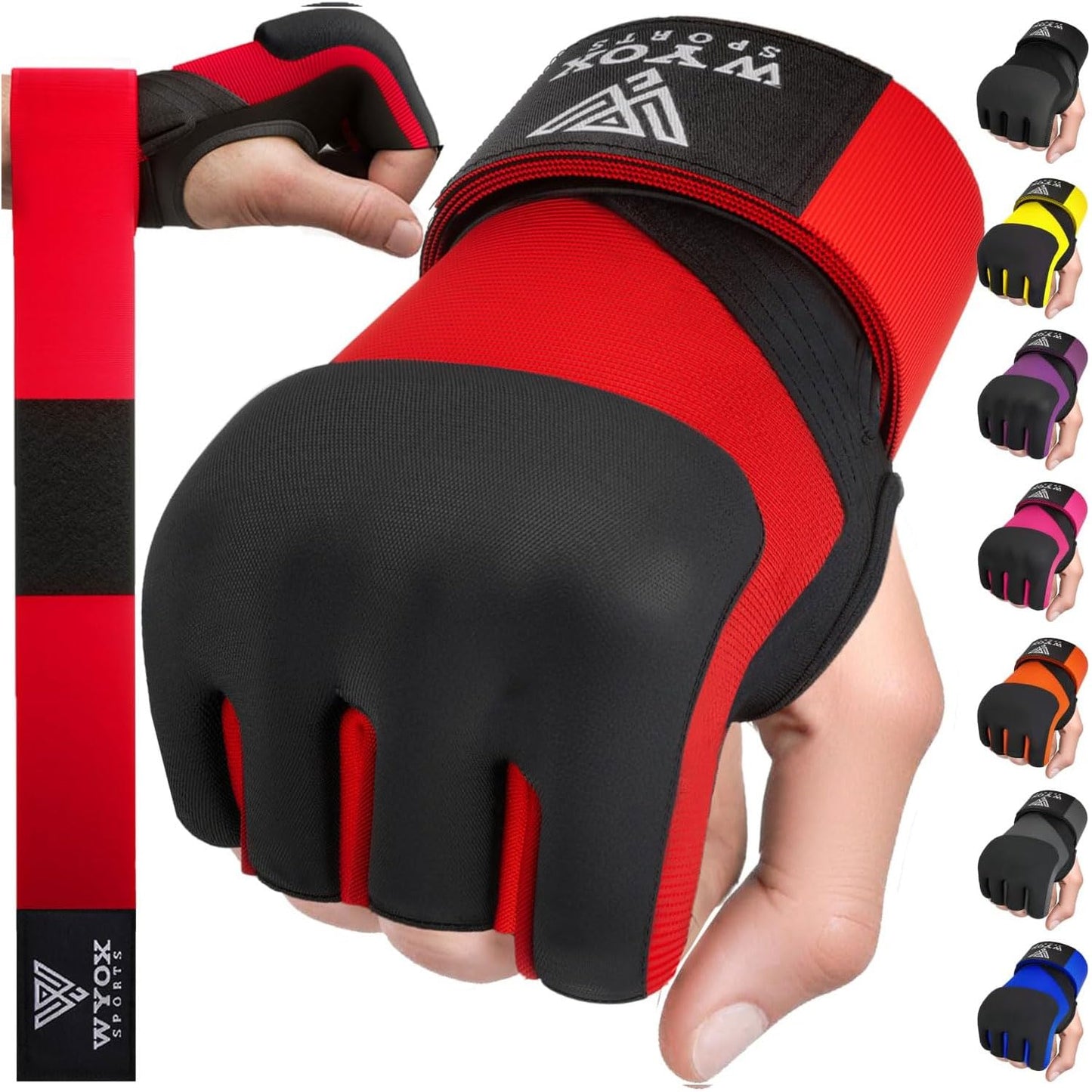 WYOX Gel Boxing Hand Wraps Inner Gloves for Men & Women, 80cm Quick Wrist Straps, Padded Knuckle Protection for Muay Thai Kickboxing, Hand Wraps for Boxing & Martial Arts (Red, L/XL)