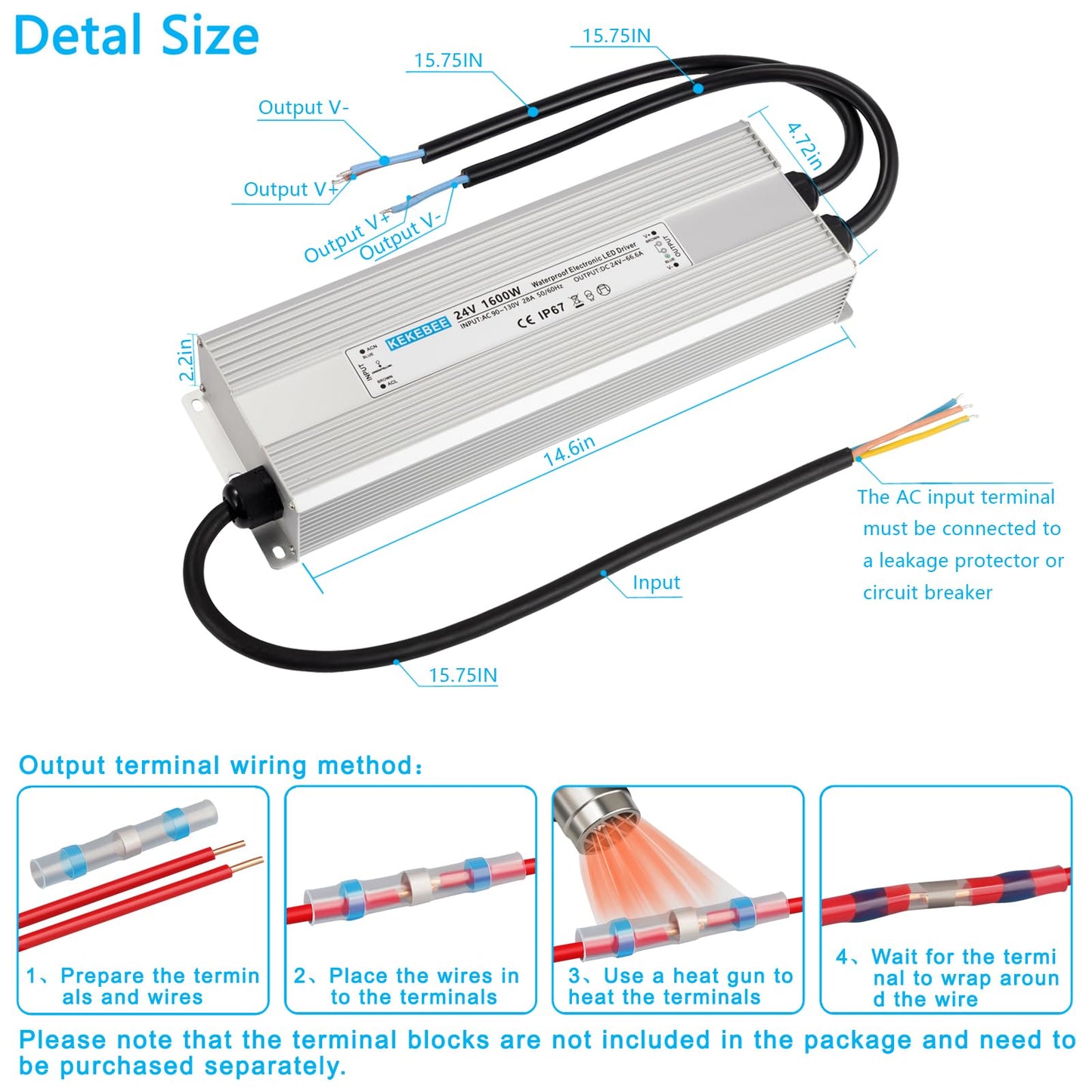 KEKEBEE LED Driver 24V1600W Waterproof Power Supply AC 90-130V to DC 24V66.6A Waterproof Switching Power Supply IP67 Transformer Suitable for Indoor and Outdoor LED Lighting and Any 24V DC Equipment