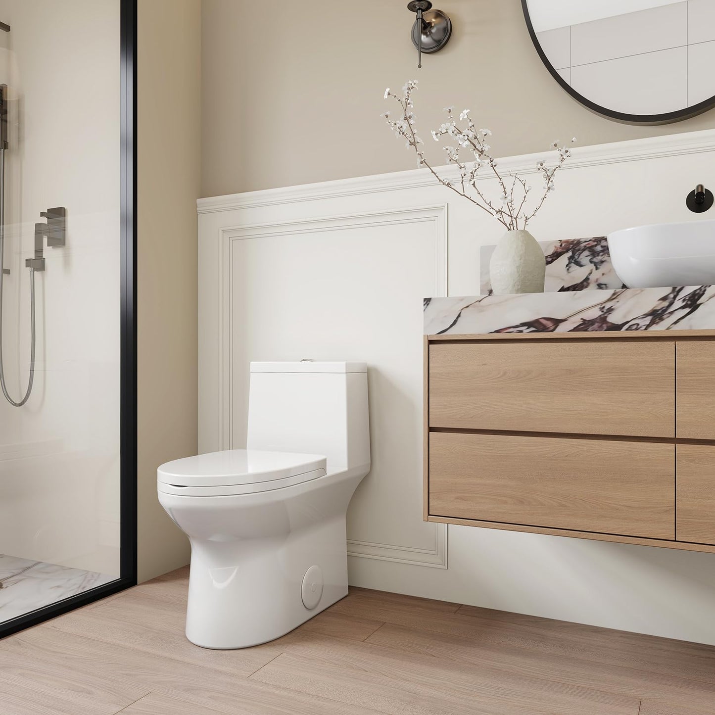SOTOMO Compact ADA Toilet, 12" Rough-in Elongated One-Piece Toilet with Quick Release & Soft Close Toilet Seat, 1.1/1.6 GPF Dual Flush Water-Saving White, aMJ-T138