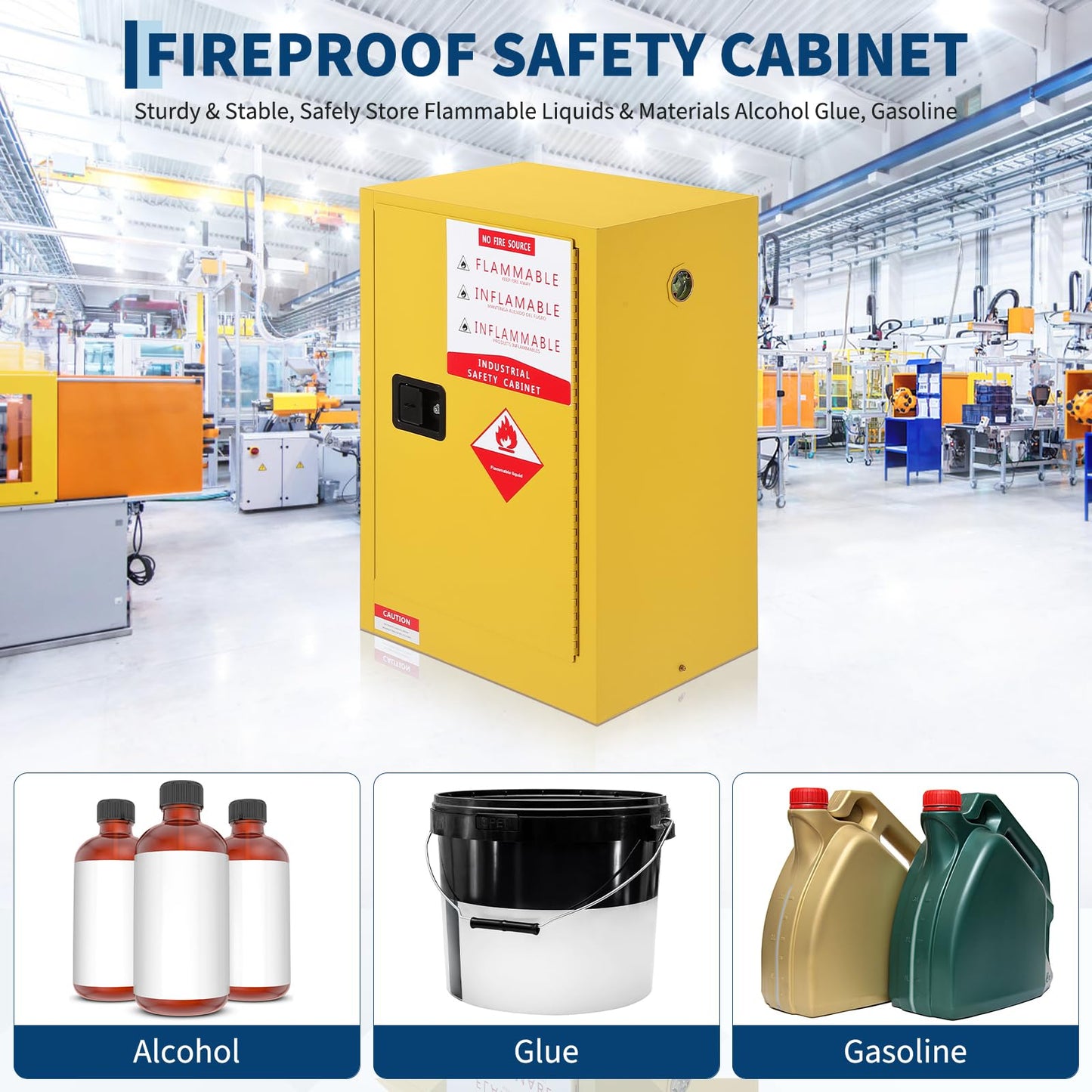 Hazardous Storage Cabinets, Flammable Cabinet, Cold-Rolled Steel Flammable Liquid Storage Cabinet Auto Closing Door for Industrial Use, Flammable Safety Cabinet, Cold-Rolled Steel Fire Resistant