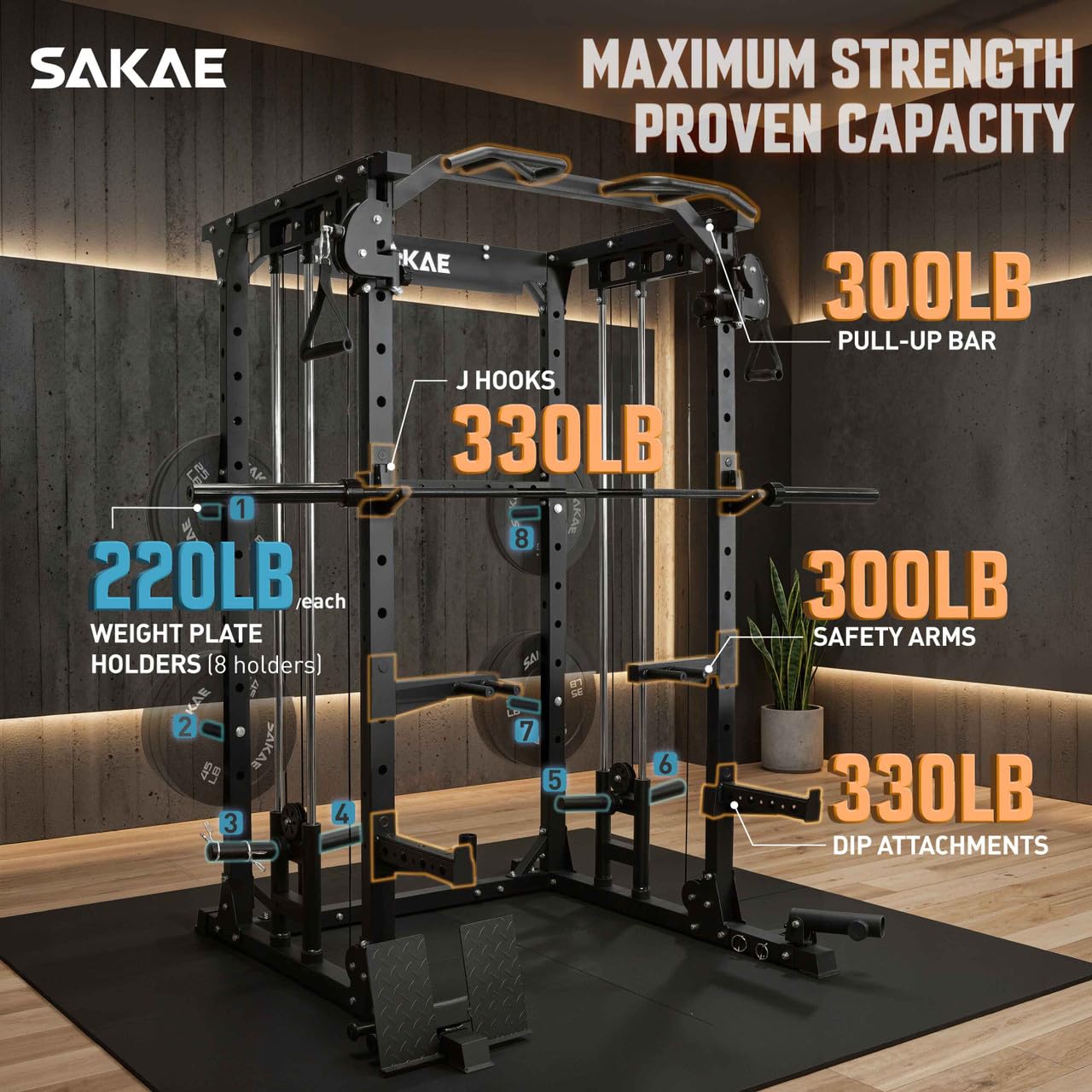 SAKAE Multi-Function Squat Rack with Cable Crossover System, Power Rack with LAT Pull Down, Pull-Up Bar, Dip Bars, Weight Bench, 260 LB Bumper Plates, 7 FT Olympic Bar & Training Attachments
