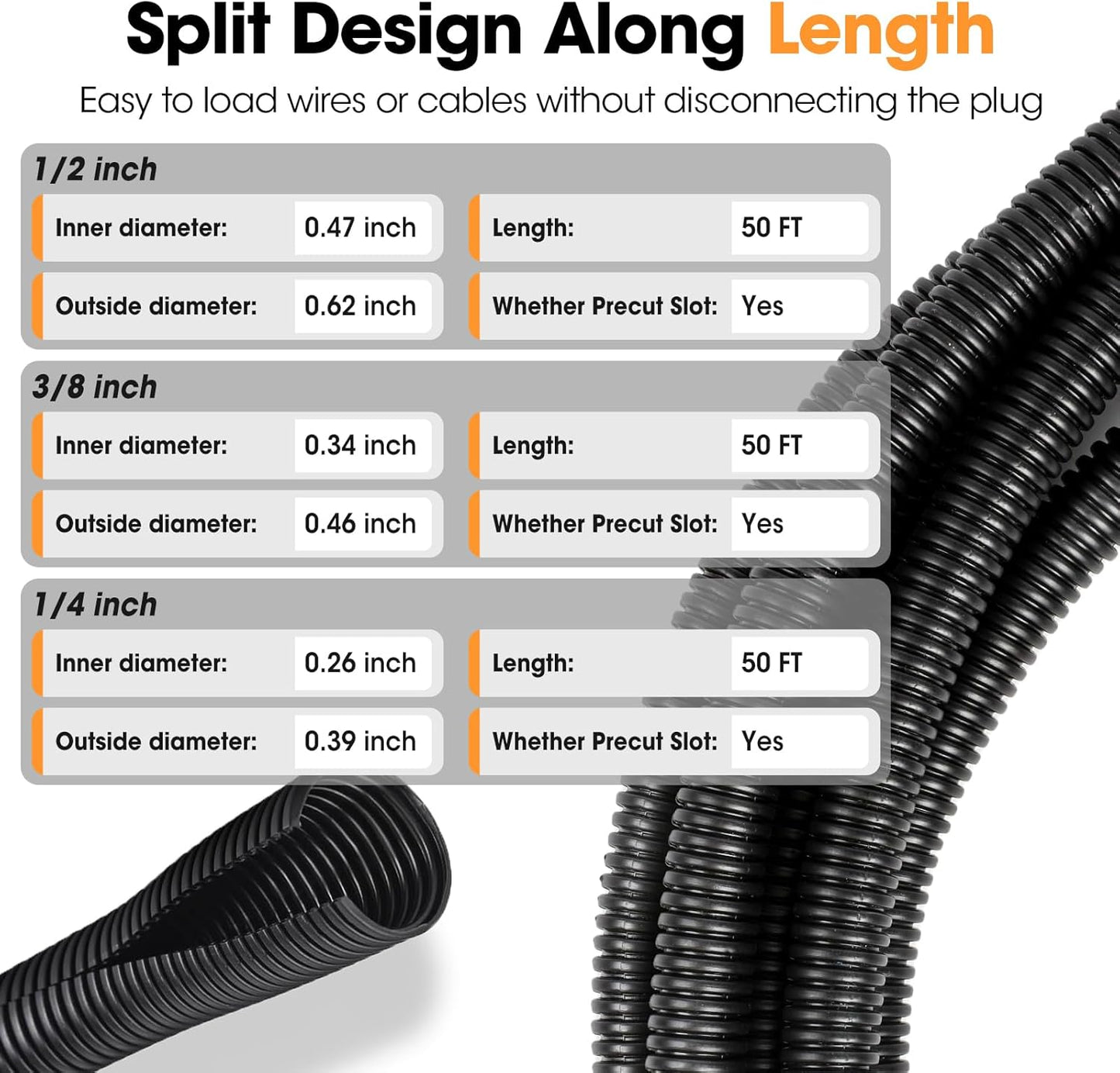 YesBes 1/4", 1/2", 3/8 Inch 50 Wire Loom x FT, Split Wire Loom Tubing Wire Conduit, Cable Sleeves Bulk Flexible