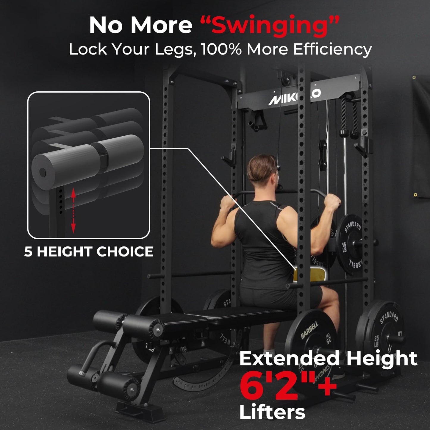 Mikolo F4 2.0 Power Cage with Dual-Track Smooth Pulley System, 1200LBS Power Rack with Leg Hold-Down for Heavy LAT Pulldowns, All-in-One Squat Rack with More Training Attachments for Home Gym (Black)