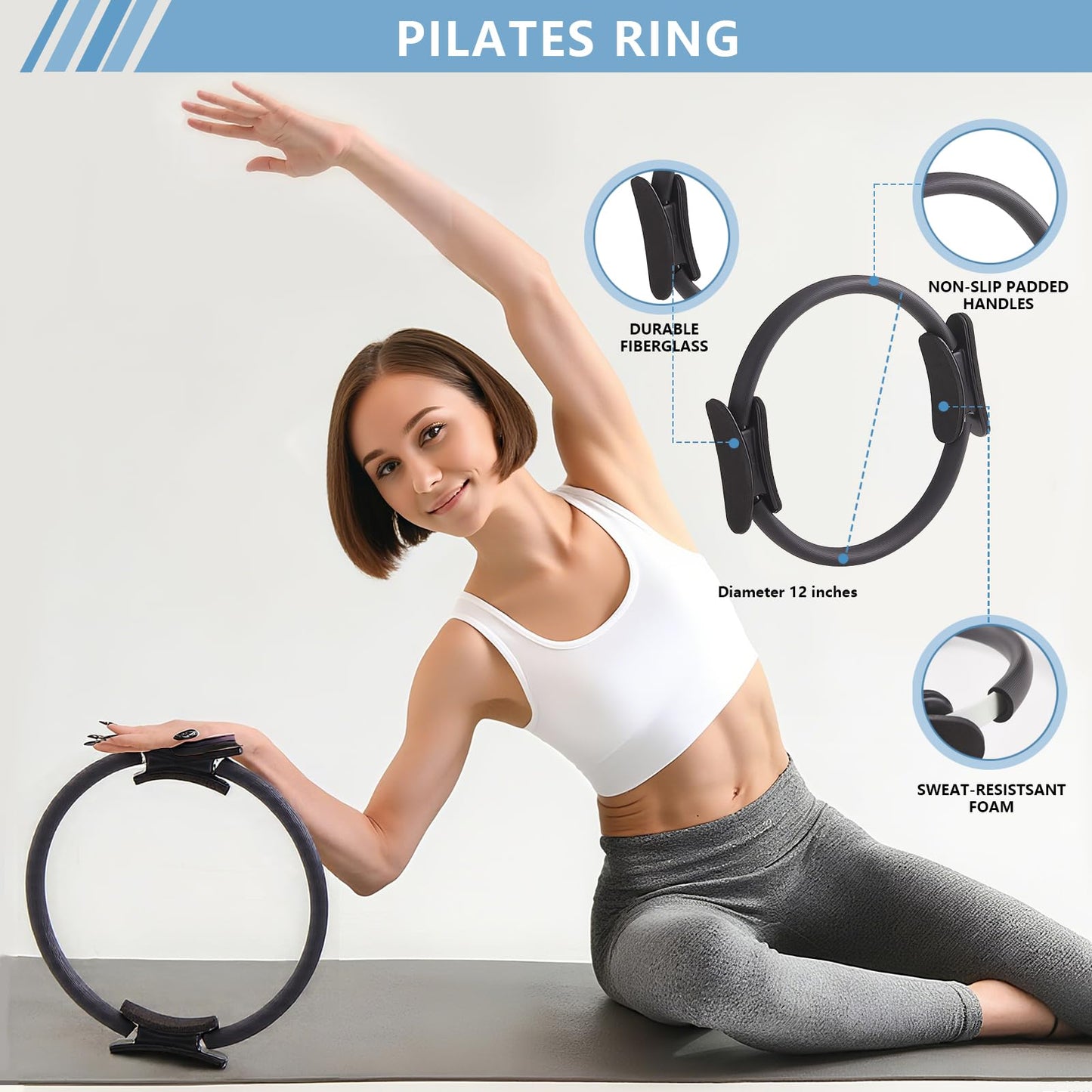 Daywhote 10 Pcs Black Home Pilates Essential Kit Workouts Fitness Mini Ball Womens Pilates Set Beginners Yoga Magic Circle