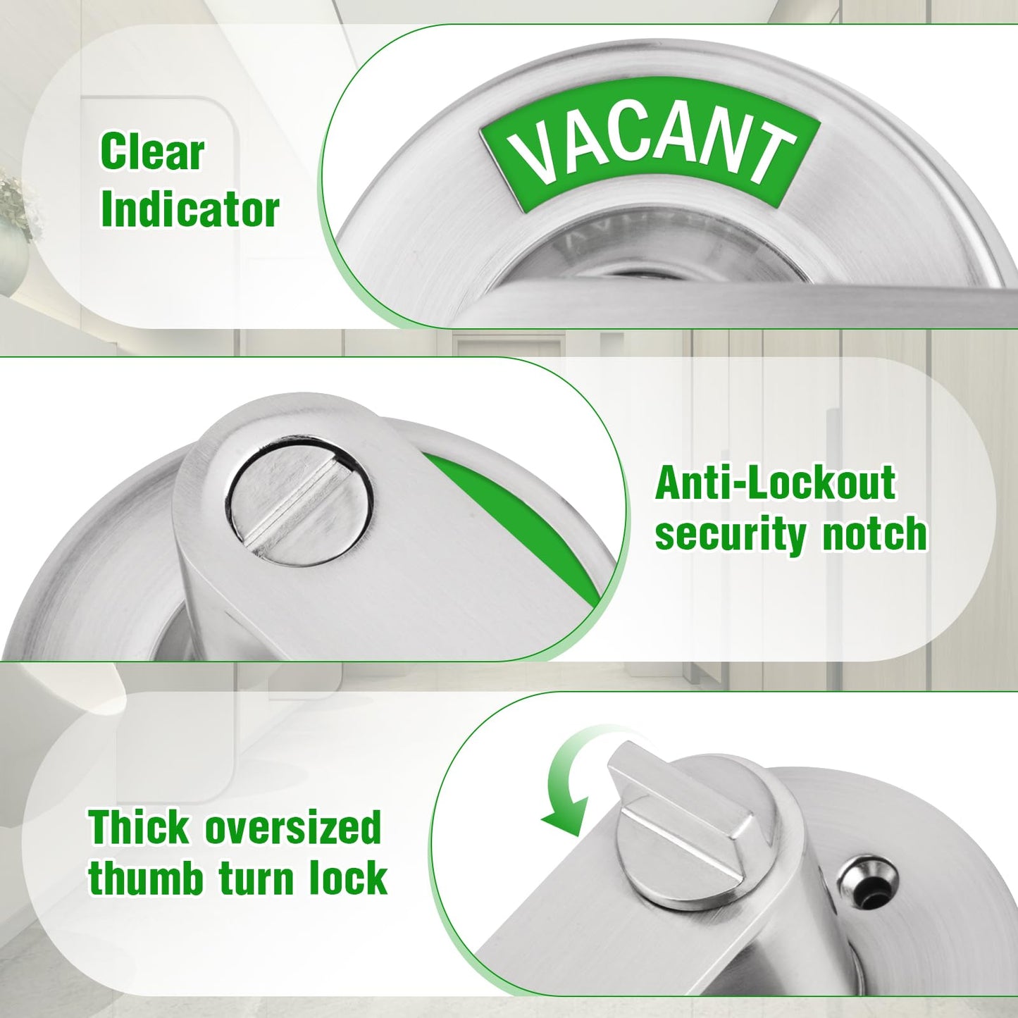 Feeloco Vacant Occupied Bathroom Door Lock - Stainless Steel Privacy Door Handle with Indicator Sign, Fits 1-3/8" to 2" Door, ANSI Grade2 Commercial Door Locks for Restroom Stall, Office, Gym (Silver)