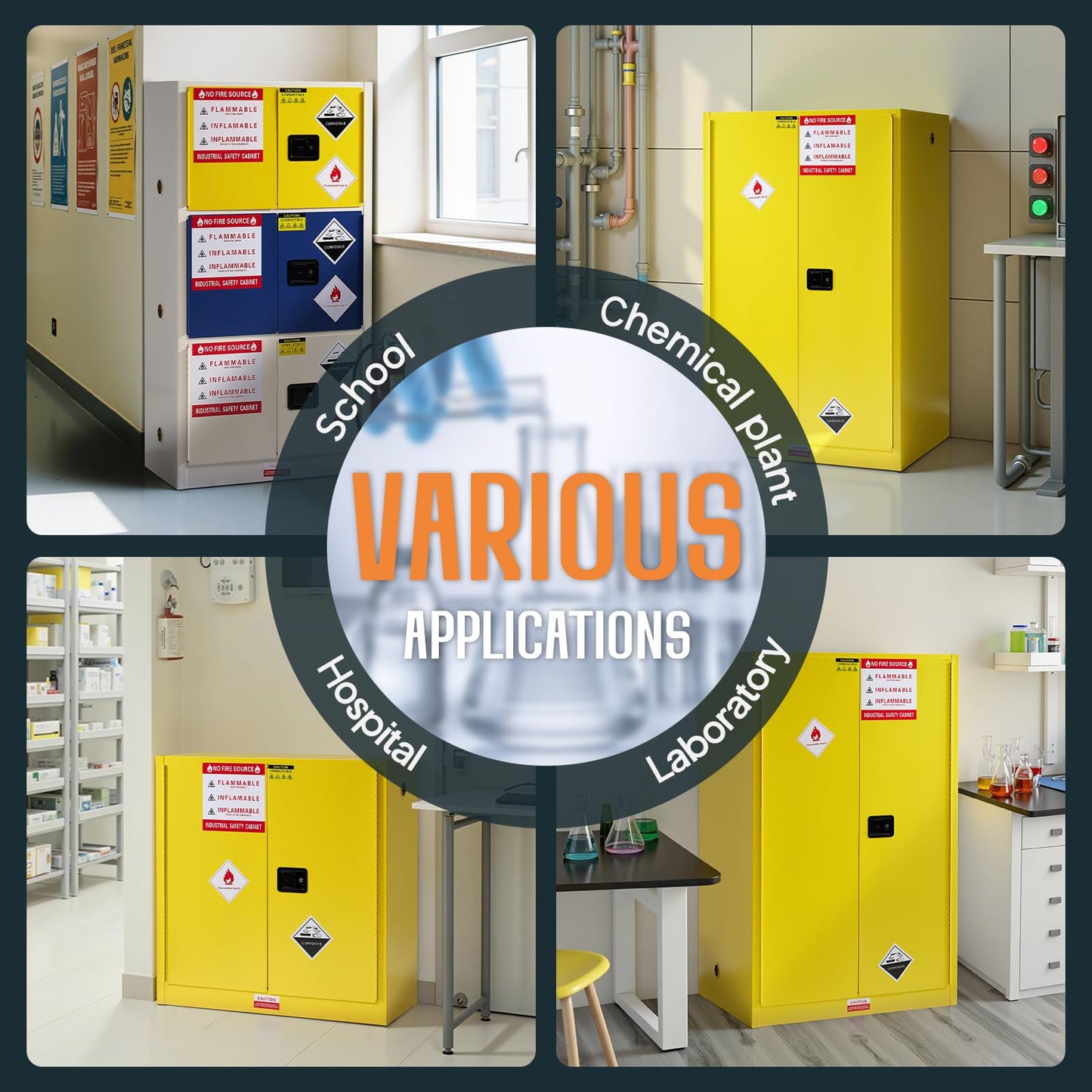 SPECRAFT 45 Gal Flammable Cabinet, 44x43x18 Inch, Cold-Rolled Steel, Adjustable Shelves, OSHA & CE Certified for Industrial, Commercial, Laboratory, and Institutional Use, Yellow
