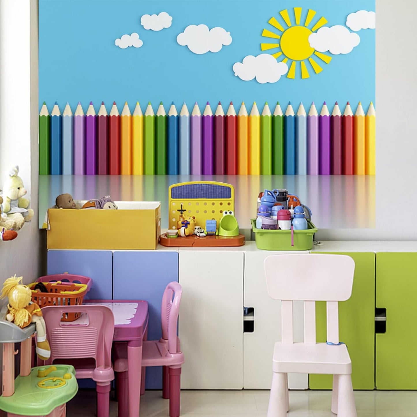Baocicco 10x8ft Vinyl Backdrop Children's Room Interior Decor Photography Background Crayon Sun Clouds Blue Background