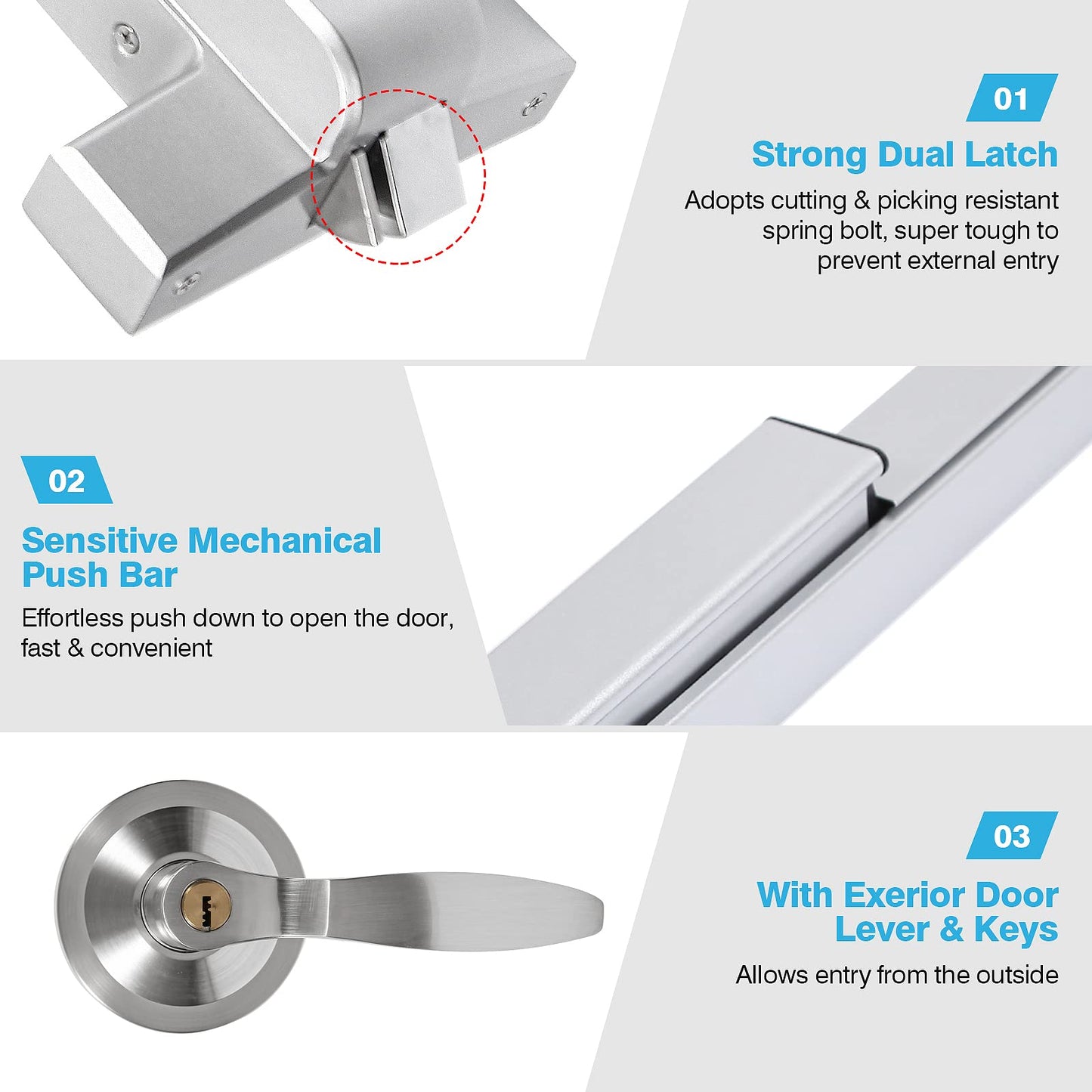 IRONWALLS Panic Bars for Exit Doors 41”, Stainless Steel Commercial Push Bar Panic Exit Device with Exterior Door Lever Handle, Push Bar Door Lock Emergency Door Hardware for 41”-53” Doors