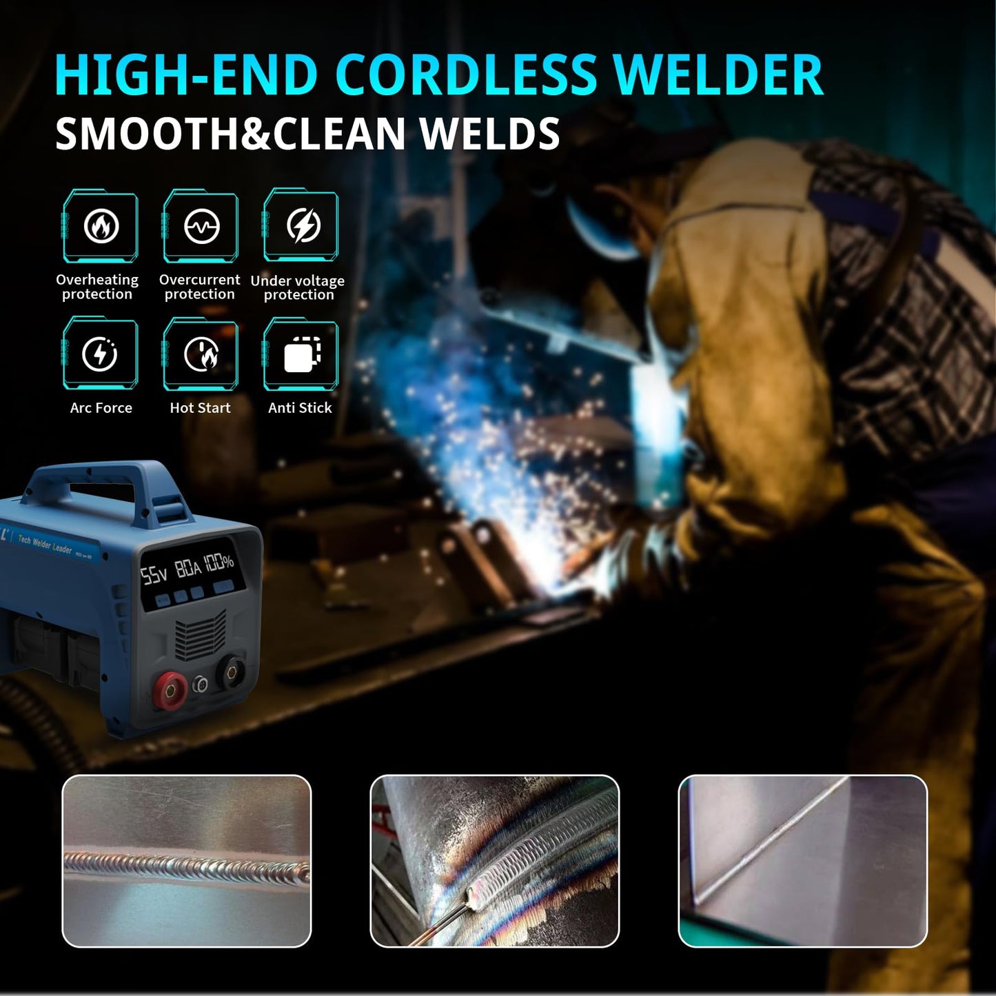 TLL Cordless Welder with 4 Batteries,Battery-Powered Stick/Flux Core Welder,MMA ARC DC Welding Machine, Portable Welder Machine,with LED Display Hot Start Arc Force Anti-Stick (ZW-160)
