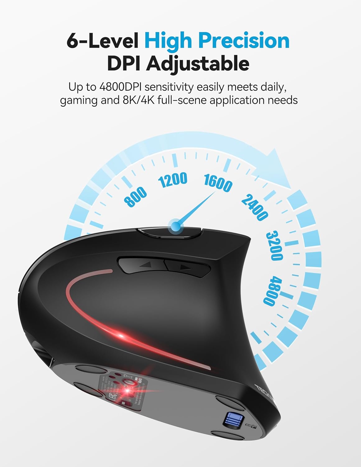 TECKNET 4800 6 Ergonomic Mouse Rechargeable Bluetooth - DPI Vertical Mice Adjustable Levels, Wireless Optical Carpal
