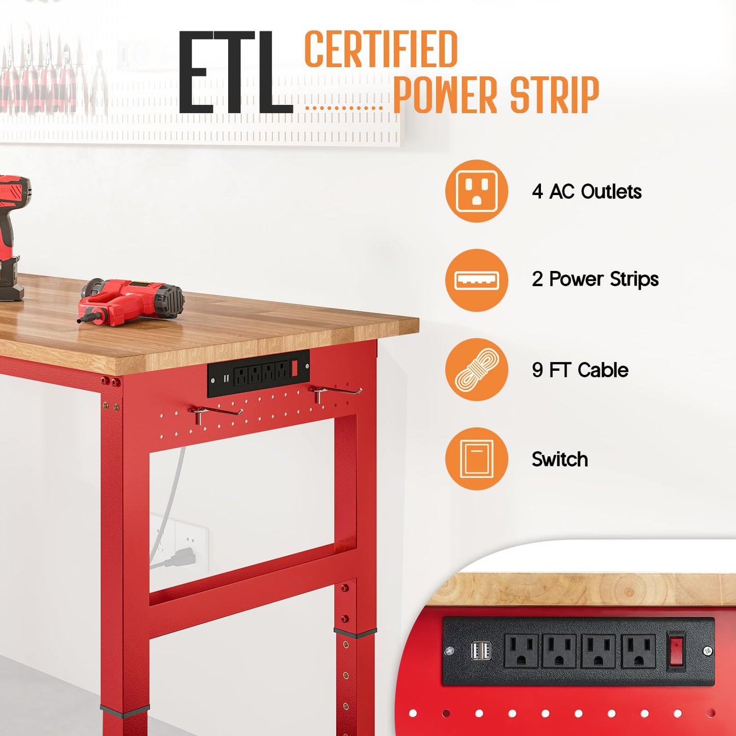 SPECRAFT Red Adjustable Heavy Duty Workbench with 4 AC Outlet and 2 USB Ports Power Outlets, 2000 Lbs Capacity, Rubber Wood Top for Garage, Workshop, Office