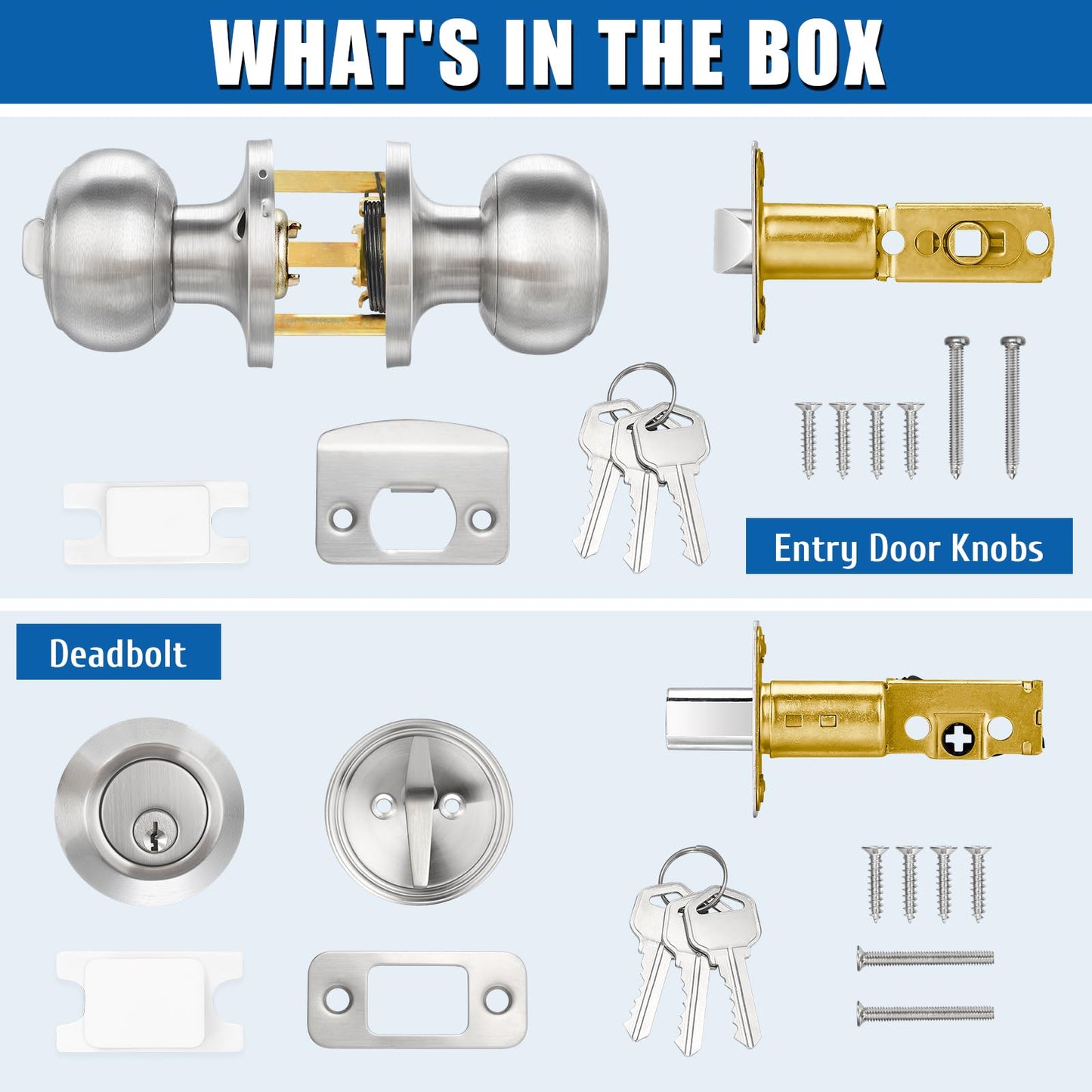 3 Sets Entry Door Knob and Single Cylinder Deadbolt Combo Set, Keyed Alike Round Ball Satin Nickel Exterior Door Knobs with Lock and Keys for Entrance and Front Door