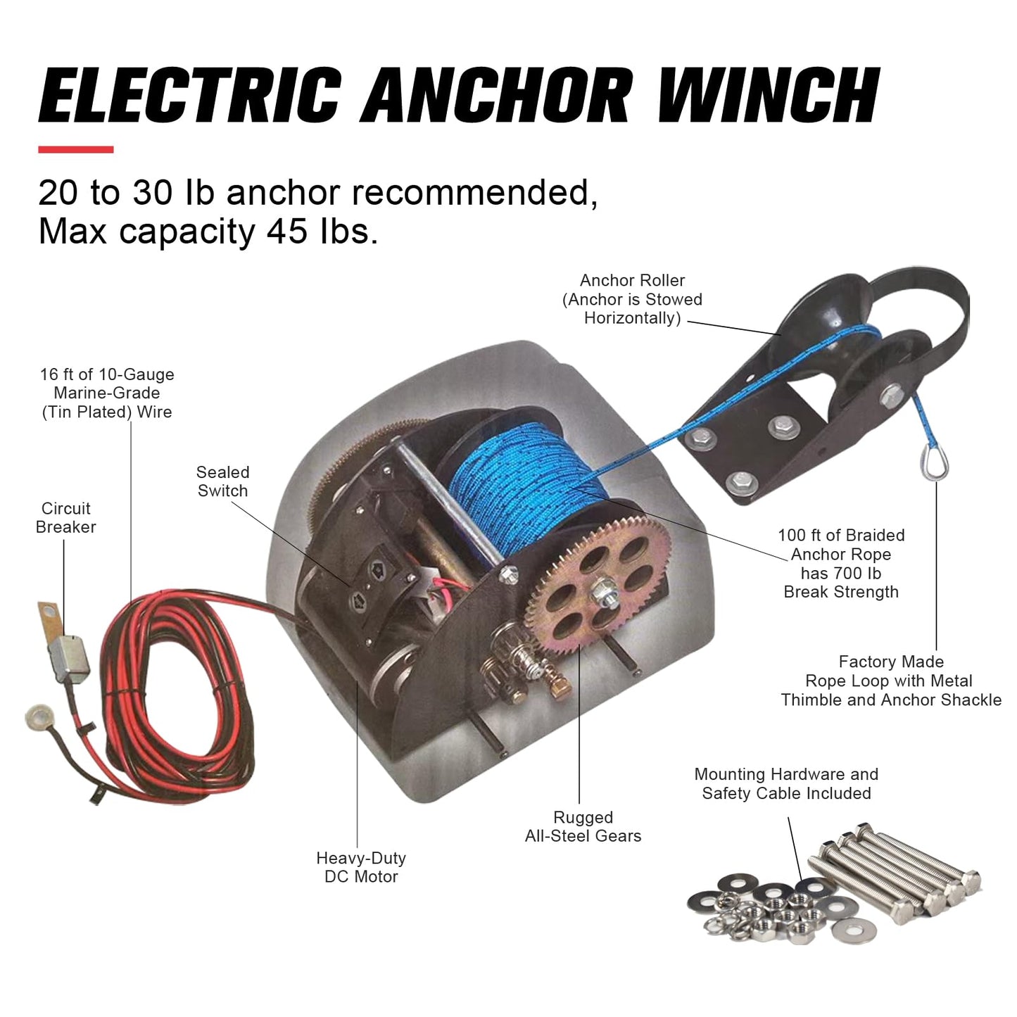 Acdet 45 LBS Electric Boat Anchor Winch, Saltwater Electric Anchor Winch w/Wireless Remote Control & 98.42ft of Pre-Wound Anchor Rope 12V Marine Windlass Anchor Winch,Black