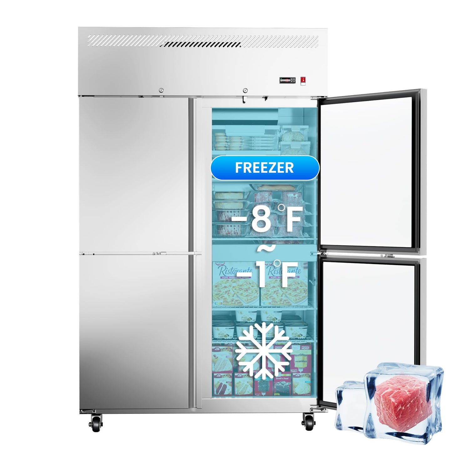 48"W Commercial Freezer 4 Door Stainless Steel Reach-in Solid Door Upright Fan Cooling 36 Cu.ft 2 Section Freezer -8-1°F for Restaurant, Bar, Shop