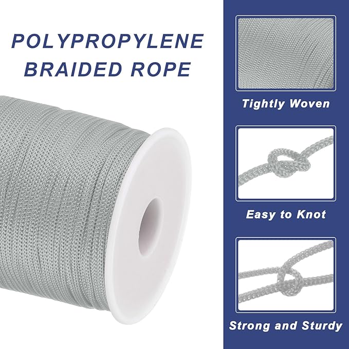 MECCANIXITY 1/12 Inch Polypropylene Rope Braided Ropes, 328ft Nylon Rope Hollow Utility Cord for Clothesline, Camping, Hiking, Outdoor, Light Grey