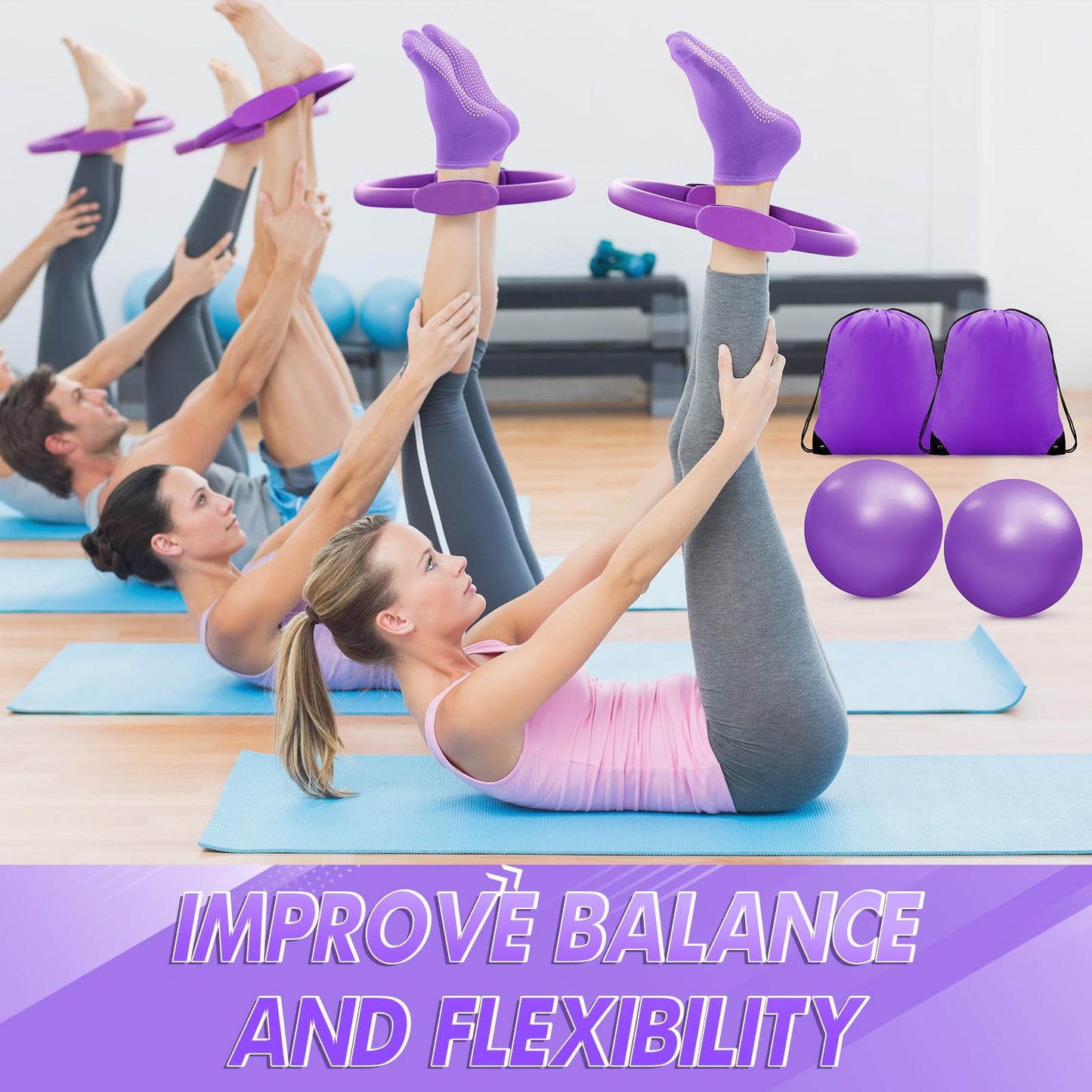 Poen 18 Pcs Home Pilates Ball and Ring Circle Set Yoga Fitness Essentials Kit with 5 Resistance Band Stretching Strap Non Slip Sock Ball Core Slider Wristband Headband Gym Bag for Women(Purple)