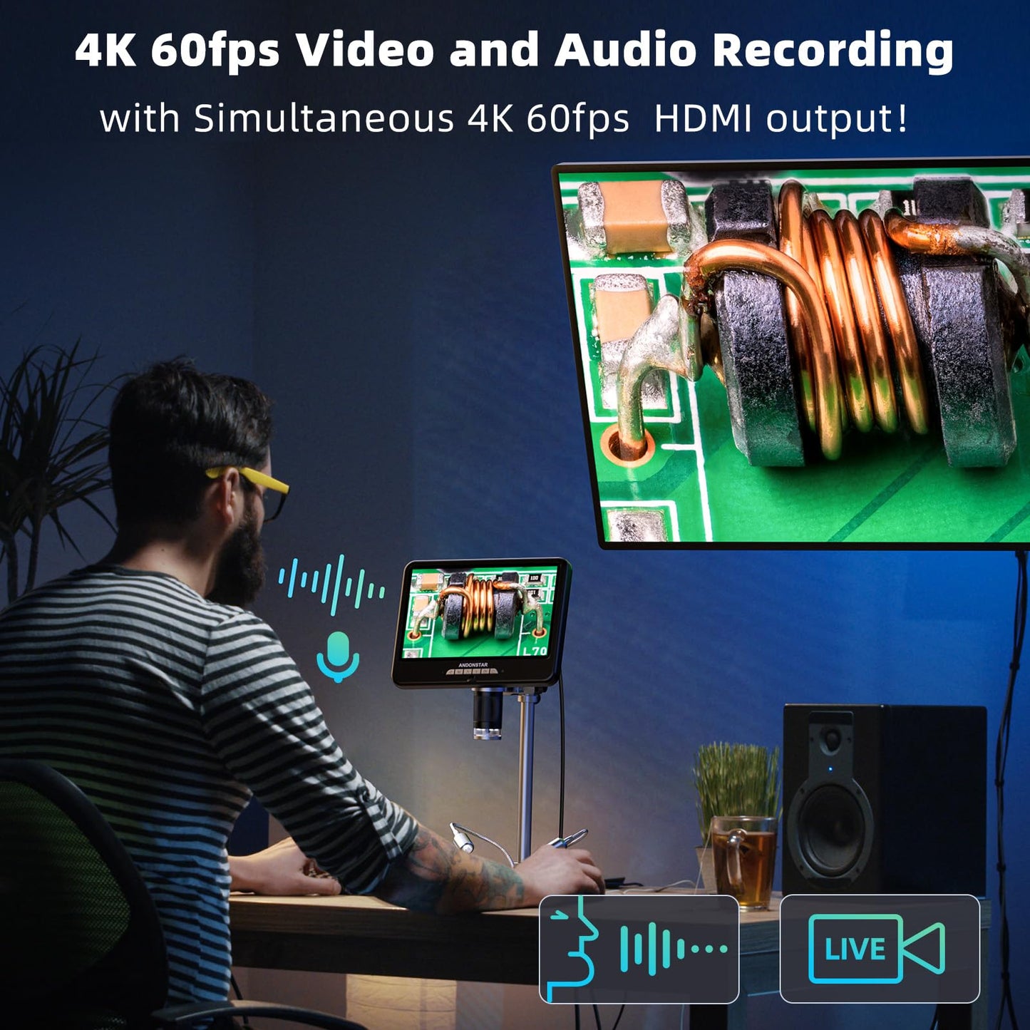 Andonstar 4K 60FPS 10.1" HDMI Digital Microscope for Soldering, 64MP 3840P UHD Video Audio Record, AD210S-Pro Electronic PCB Microscope for Adults, Error Coins, Pro Boom Arm Stand, 64GB