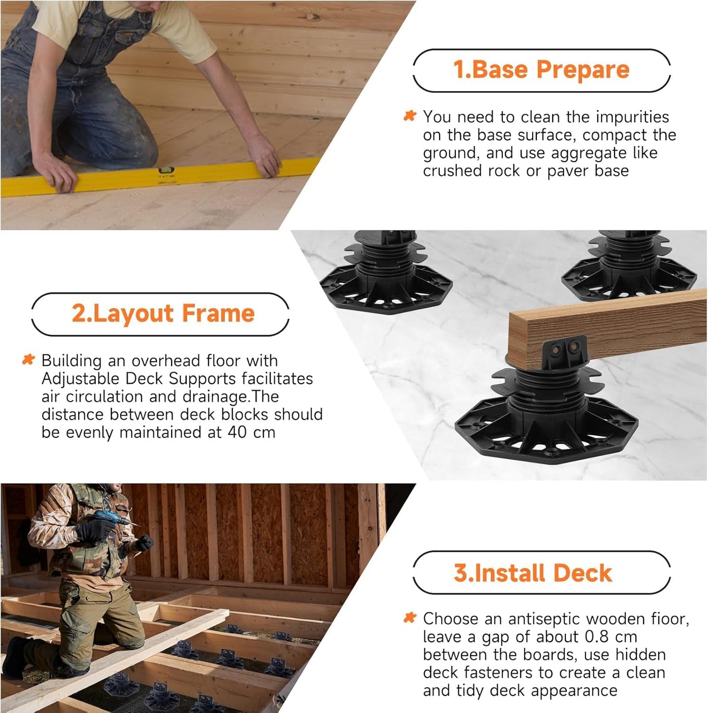 YMSZGBZG 24 Pack Adjustable Deck Support Pedestal, 1-3/16'' to 2-3/4'' Height, Deck Foundation Support Base