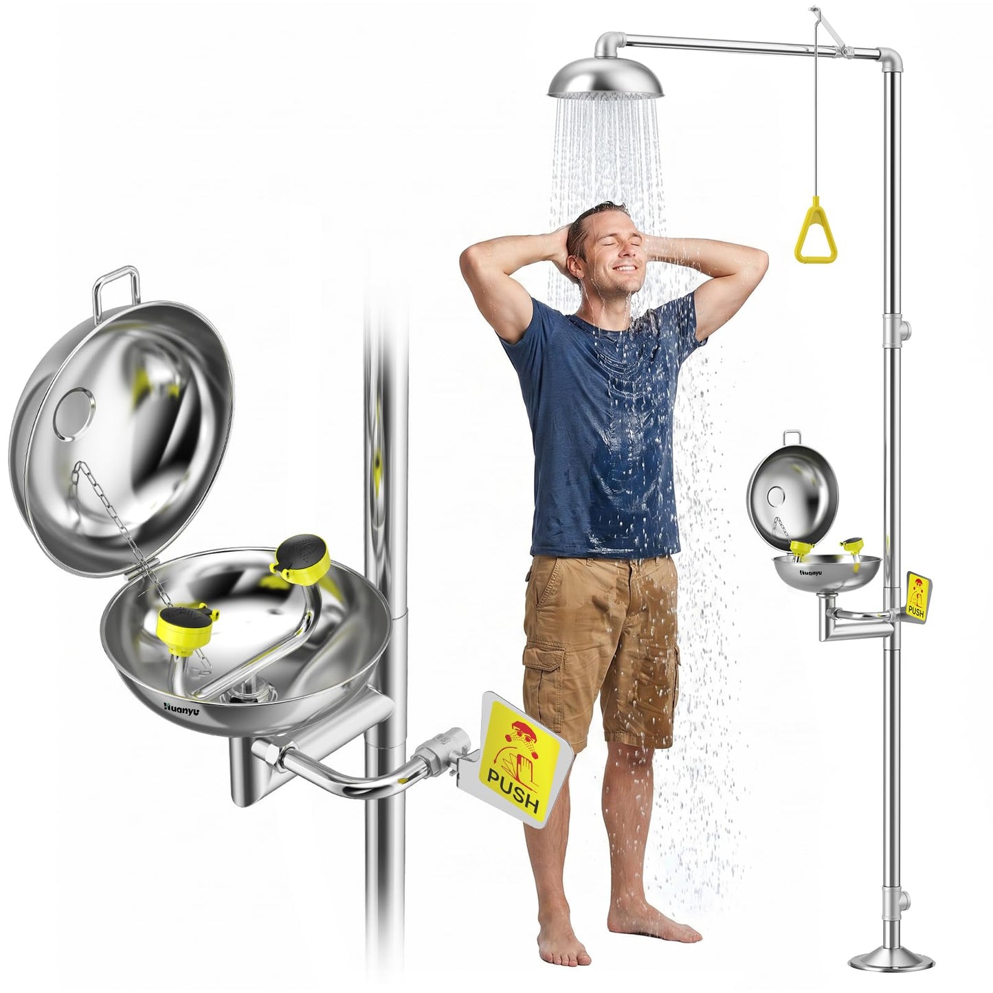 Huanyu Emergency Shower and Eye Wash Station OSHA Approved Safety Shower and Eyewash Station Combination 304 Stainless Steel Stand Plumbing Eye Washing Unit with Eyewash Sign Industrial Lab (YX-Y2)