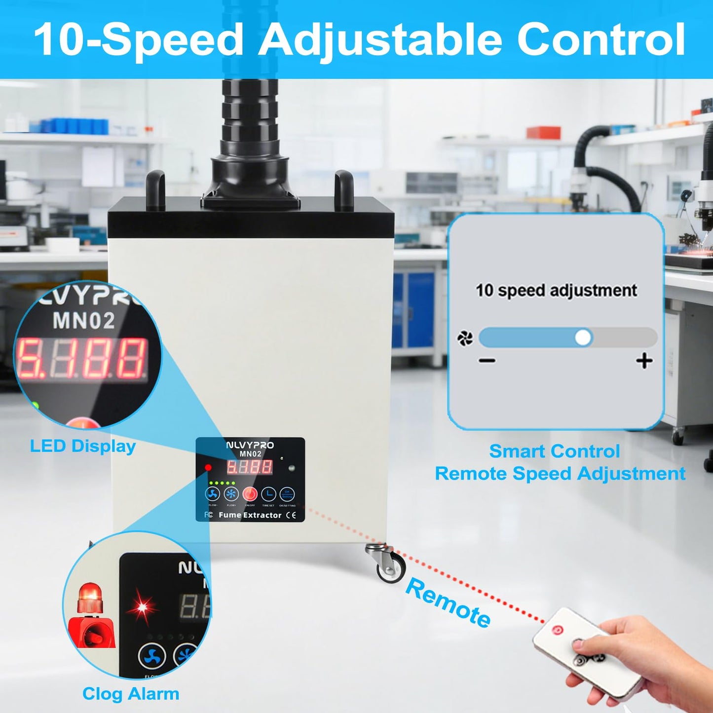 NLVYPRO MN02 Fume Extractor, 200W 300m³/h / 177 CFM, 4-Layer Filter, LED Display, Remote Control, Filter Change Reminder, 2.5" Hose, Wheels, 5 Extra Filters for Laser Engraver, Soldering