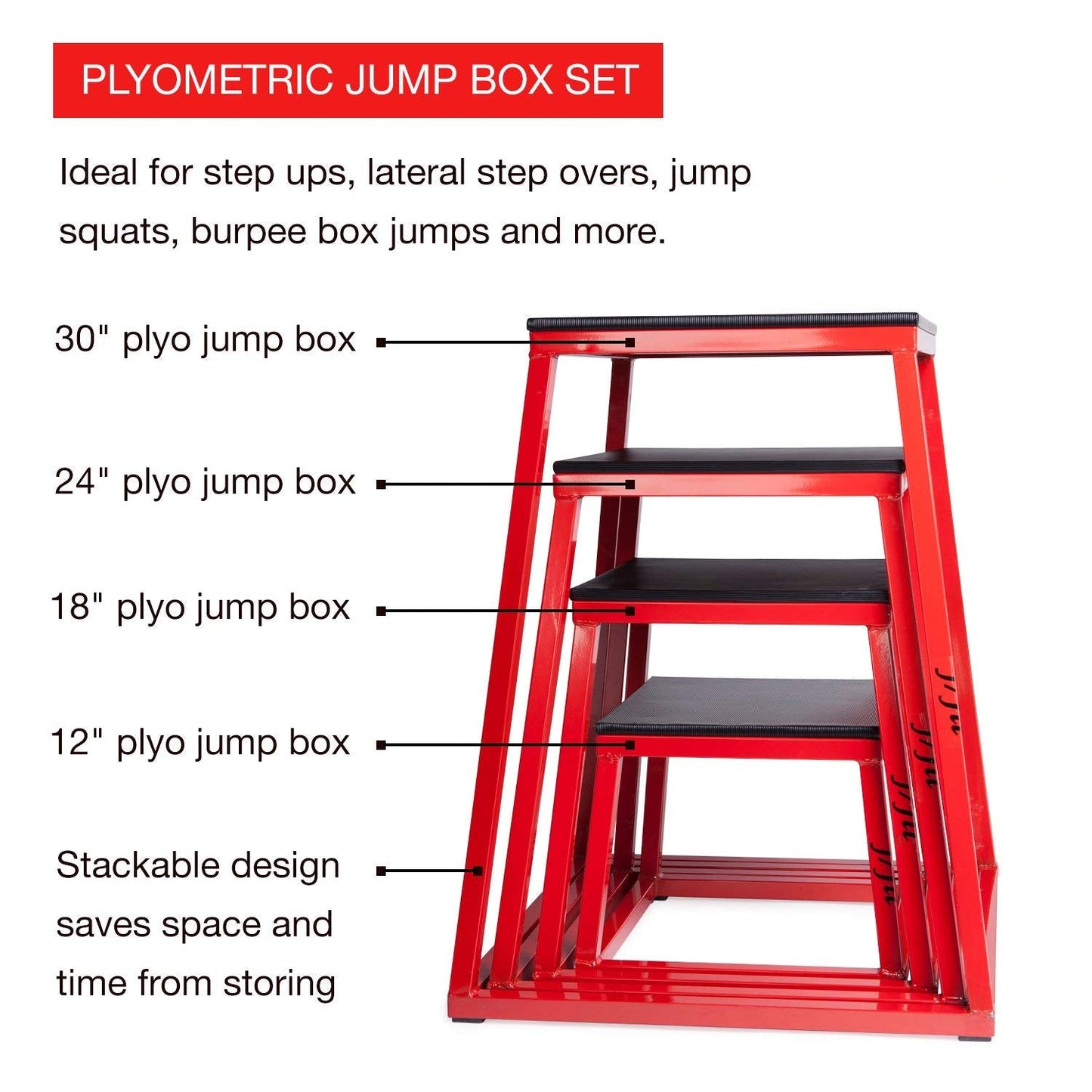 JFIT Plyometric Jump Box Set of 4 - 12", 18", 24", 30", Red/Black