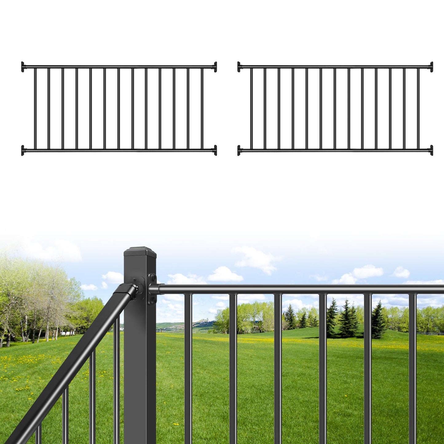 SunCrafts Heavy Duty Steel Deck Railing System, 2-Pack 38 in. H x 6 ft. W Galvanized Guardrail Deck Railing Kit with Black Powder-Coated Finish for Outdoor Decks, Porches & Balconies