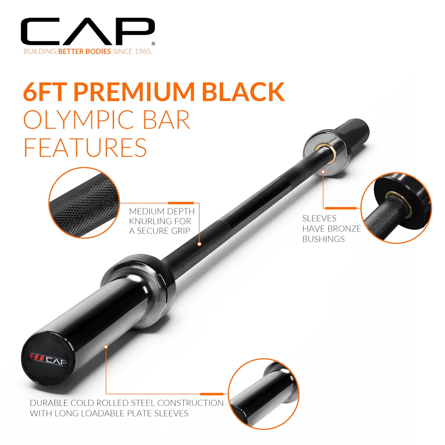 CAP Barbell 2" Olympic Solid 6 ft Bar, Bronze Bushings, Black