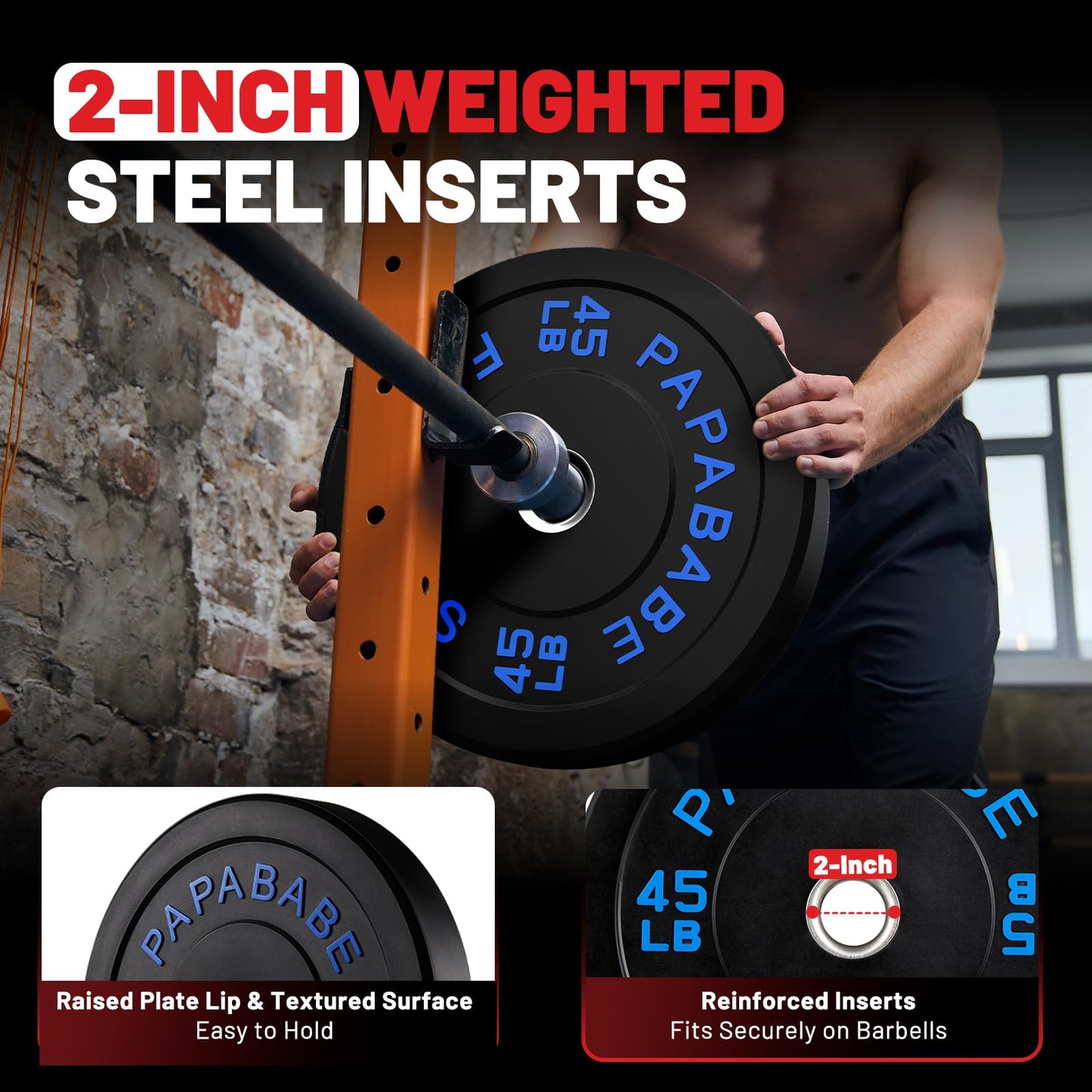 PAPABABE Strength Training Bumper Plates 100lb Set Olympic Weight Plates Rubber Bumper Plates with Steel Insert Home Gym Workout Weights Plates 2 Inch Barbell Weights For General Fitness