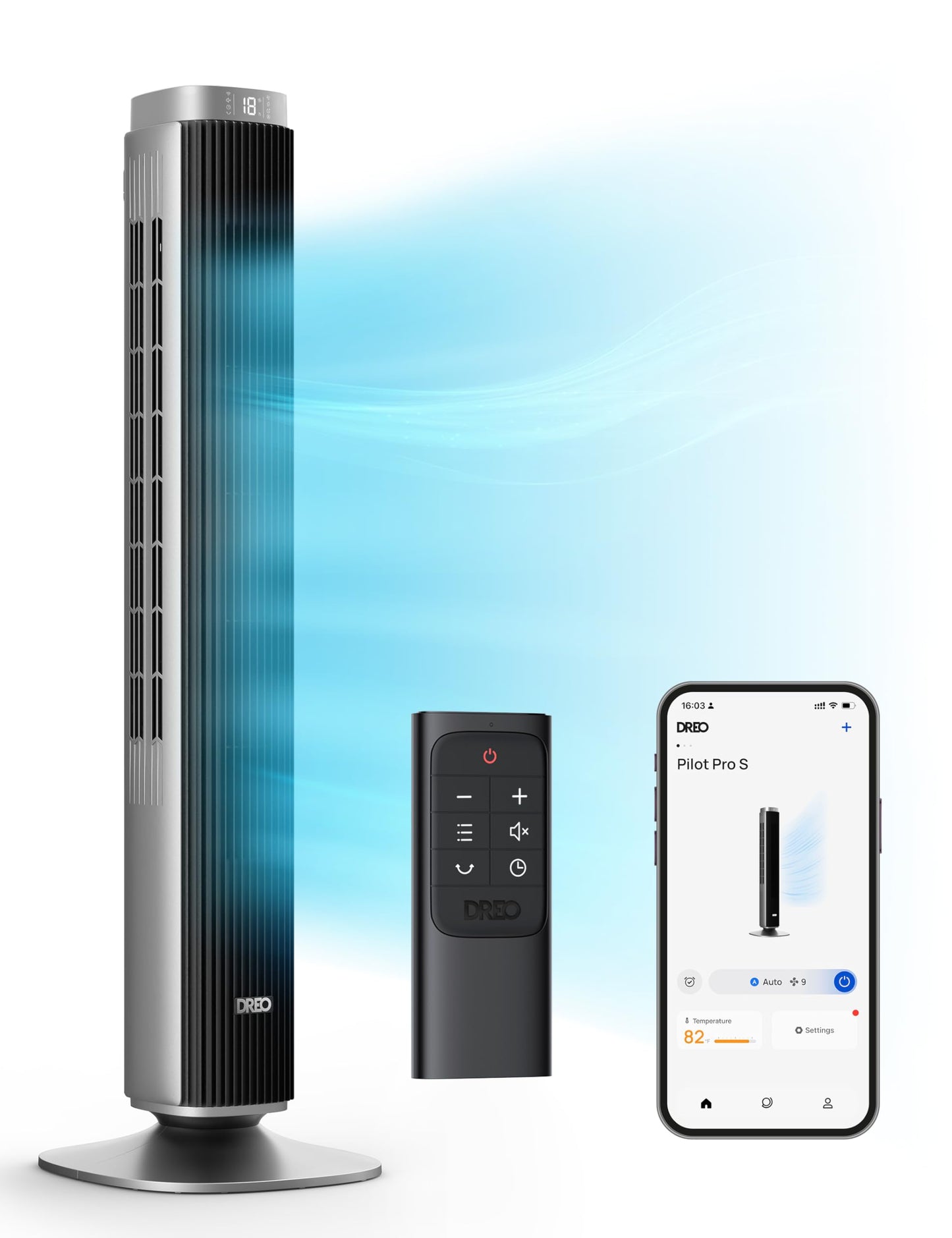 DREO Tower Fan for Bedroom, Standing Oscillating Fan with 40ft Far Airflow, 20dB Quiet, 12 Speeds, 28ft/s Velocity, Smart Control, DC Motor, 42 inch, 90° Oscillation, 4 Modes, 12H Timer, Pilot Pro S