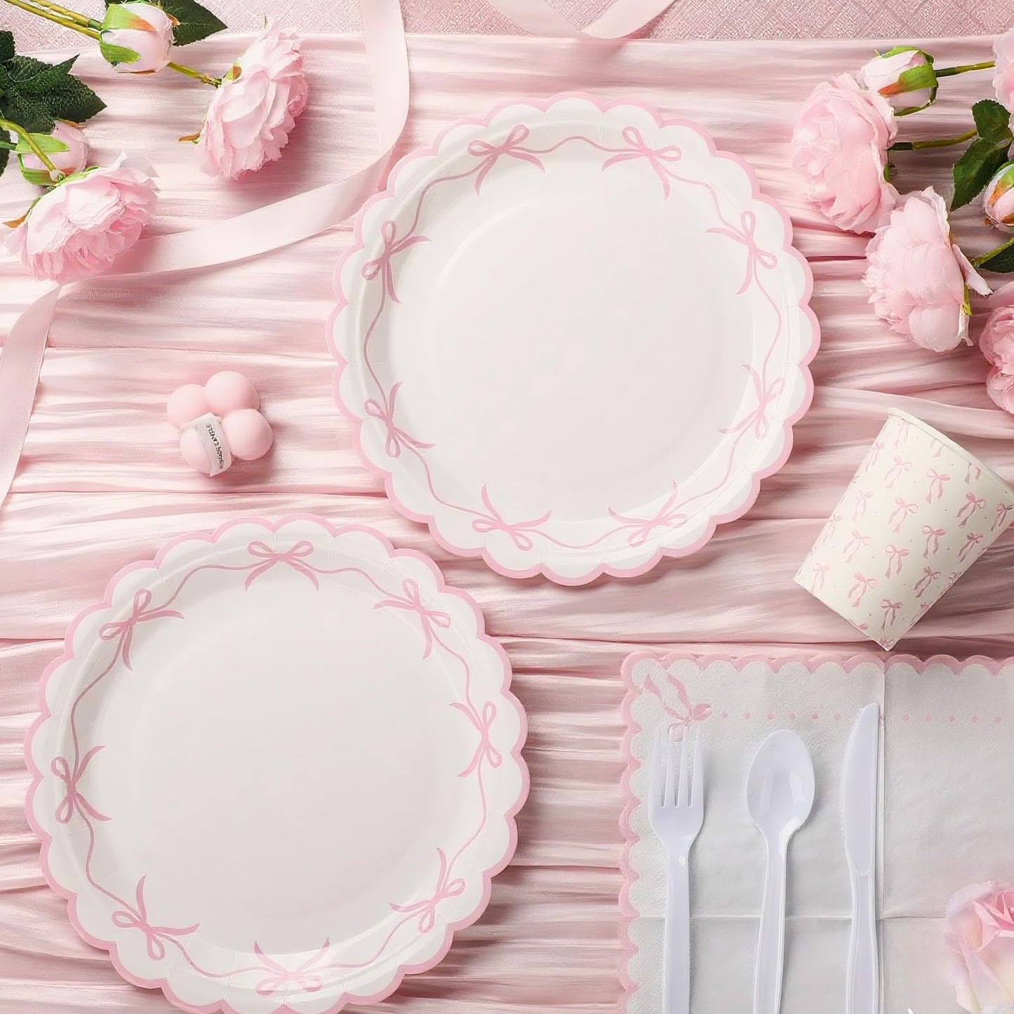 Sieral 144 Pcs Pink Scalloped Bow Party Supplies Coquette Cute Party Supplies Bachelorette Tableware Set Bow Paper Plates Napkins Cups for Girl Boy Baby Shower Wedding Birthday Decoration