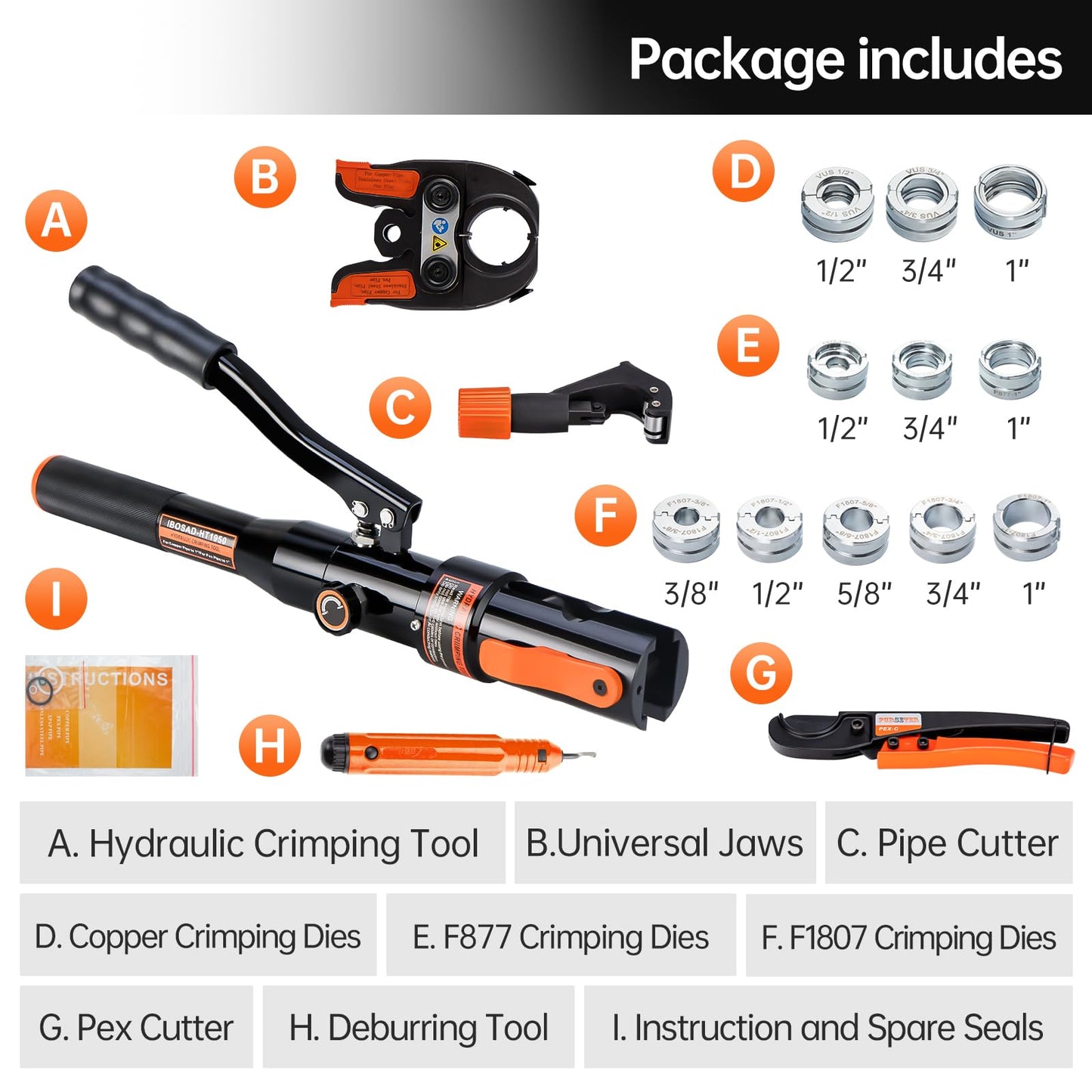 IBOSAD Hydraulic Copper Pipe Tube Fittings Crimping Tools with1/2,3/4,1" Dies for copper Pipe and F877 Stainless PEX Press Sleeves,3/8",1/2",5/8",3/4",1" Dies for ASTM F1807 Pex Pipe Copper Ring