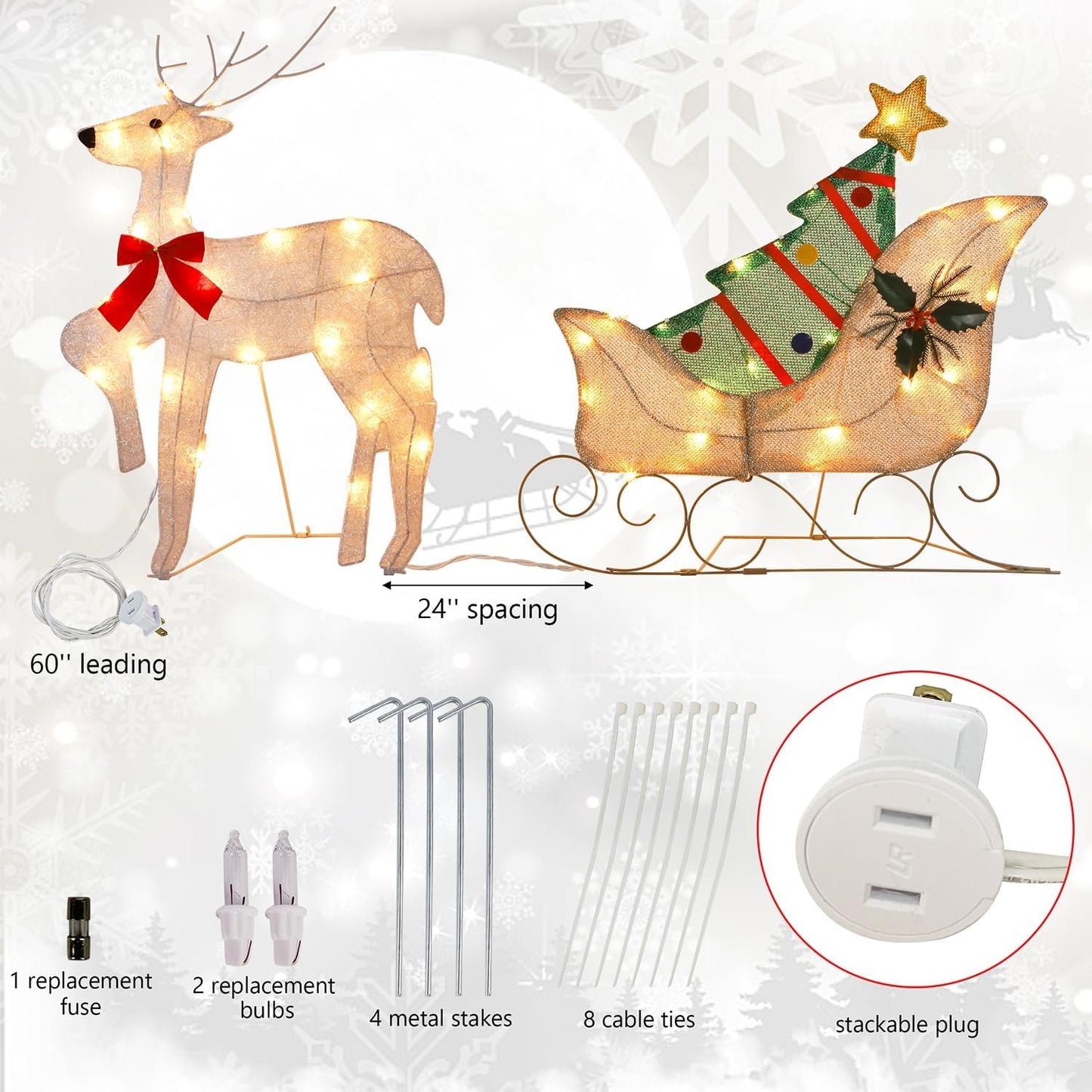 WATERGLIDE Christmas Decorations - 23 Inch Lighted Reindeer & Santa Sleigh | Pre-Lit Outdoor Yard Decor