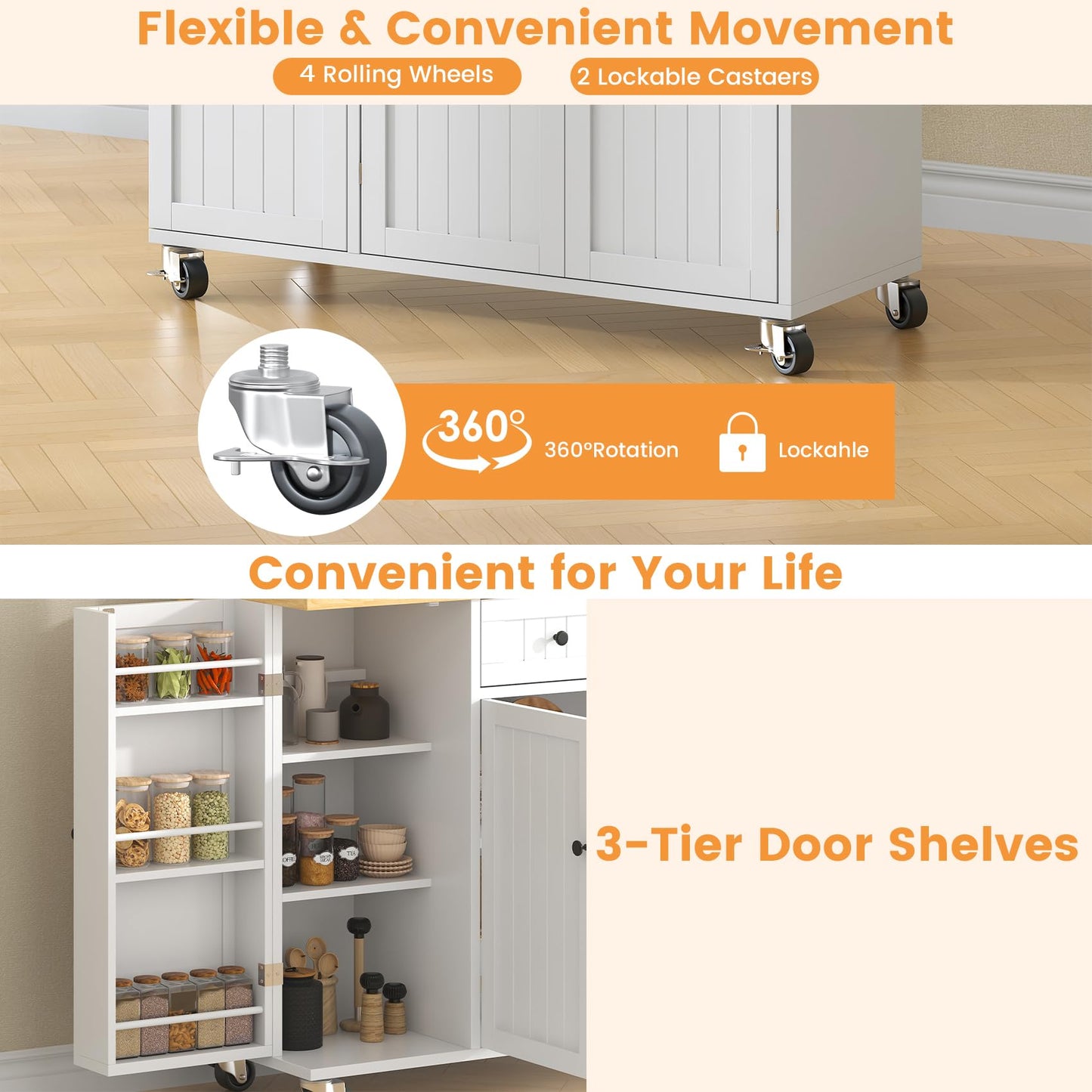 Bigbiglife Kitchen Island with Drop Leaf, Island Table on Wheels with Storage Cabinet, Modern Sideboard Buffet with Doors, Rolling Kitchen Island Cart for Dinning Room,White
