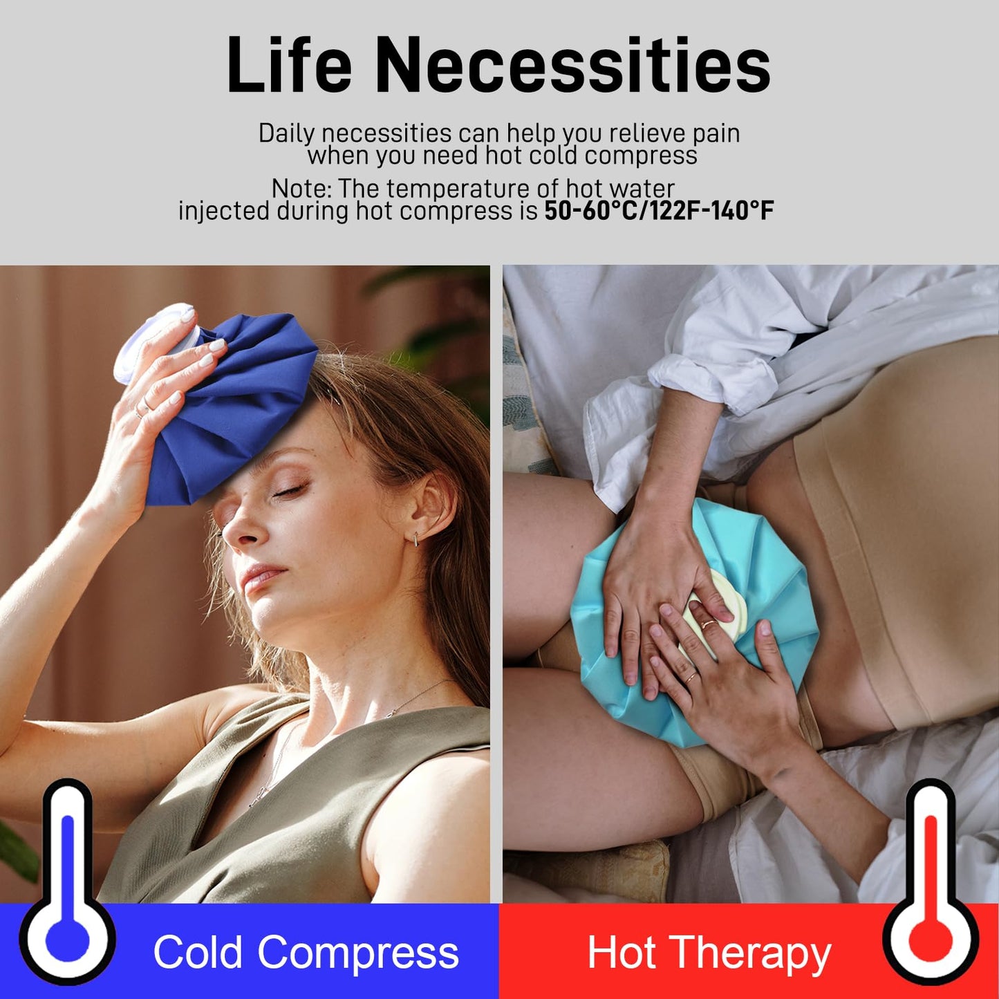 Ice Pack for Injuries Reusable, Ice Bag Reusable 9" Hot Water Bag for Hot & Cold Therapy, No-Leak Elastic Ice Bag for Pain Relief, Menstruation Pain Injuries Muscle Strains